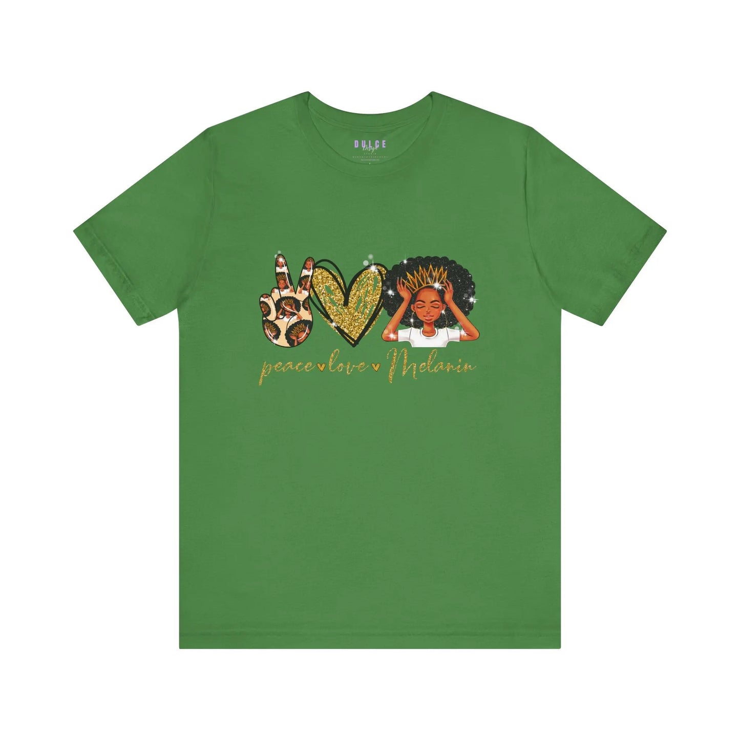 green t-shirt with a graphic design that includes the words 'PEACE', 'LOVE', and 'MELANIN' on the front