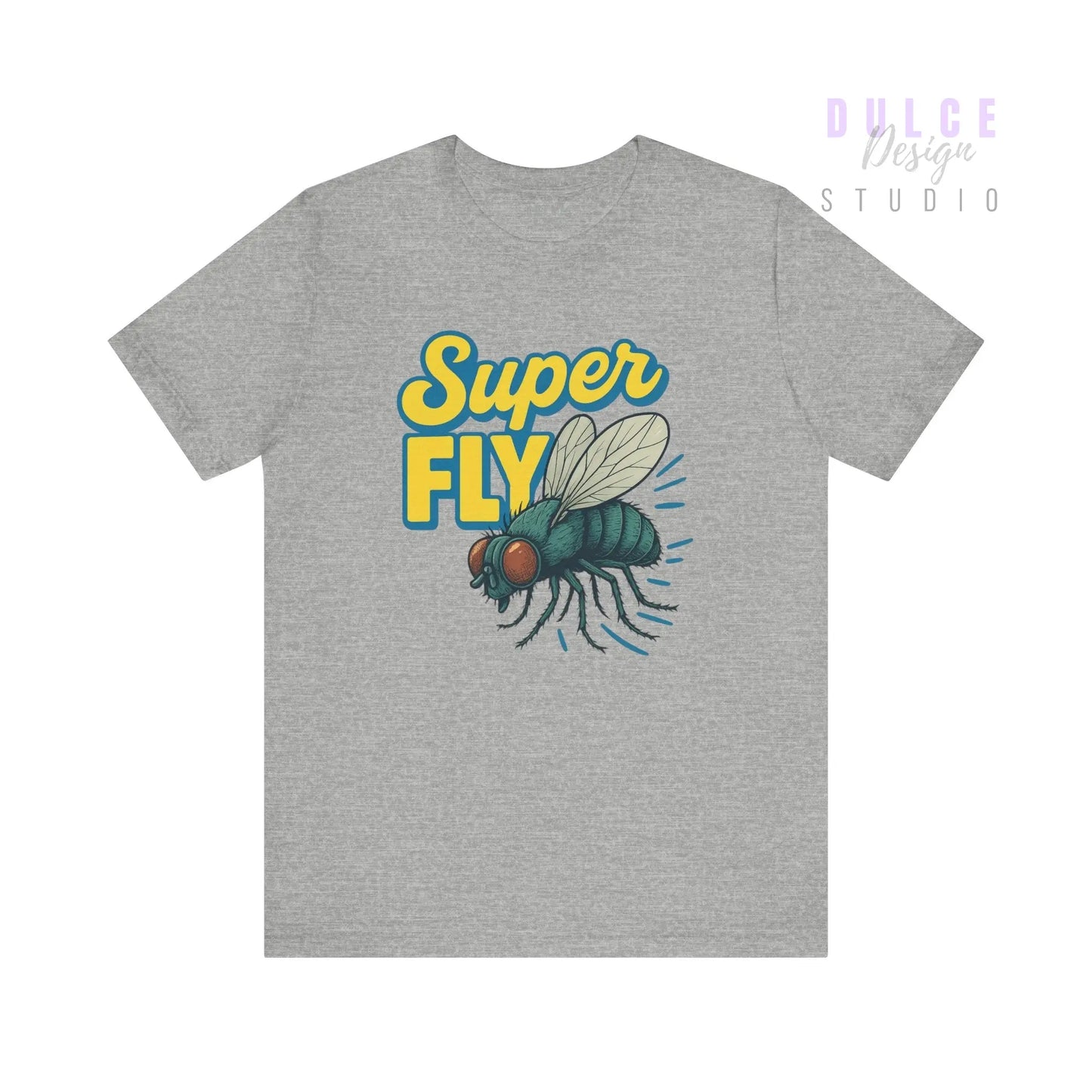 Gray t-shirt with 'Super Fly' graphic design on a white background