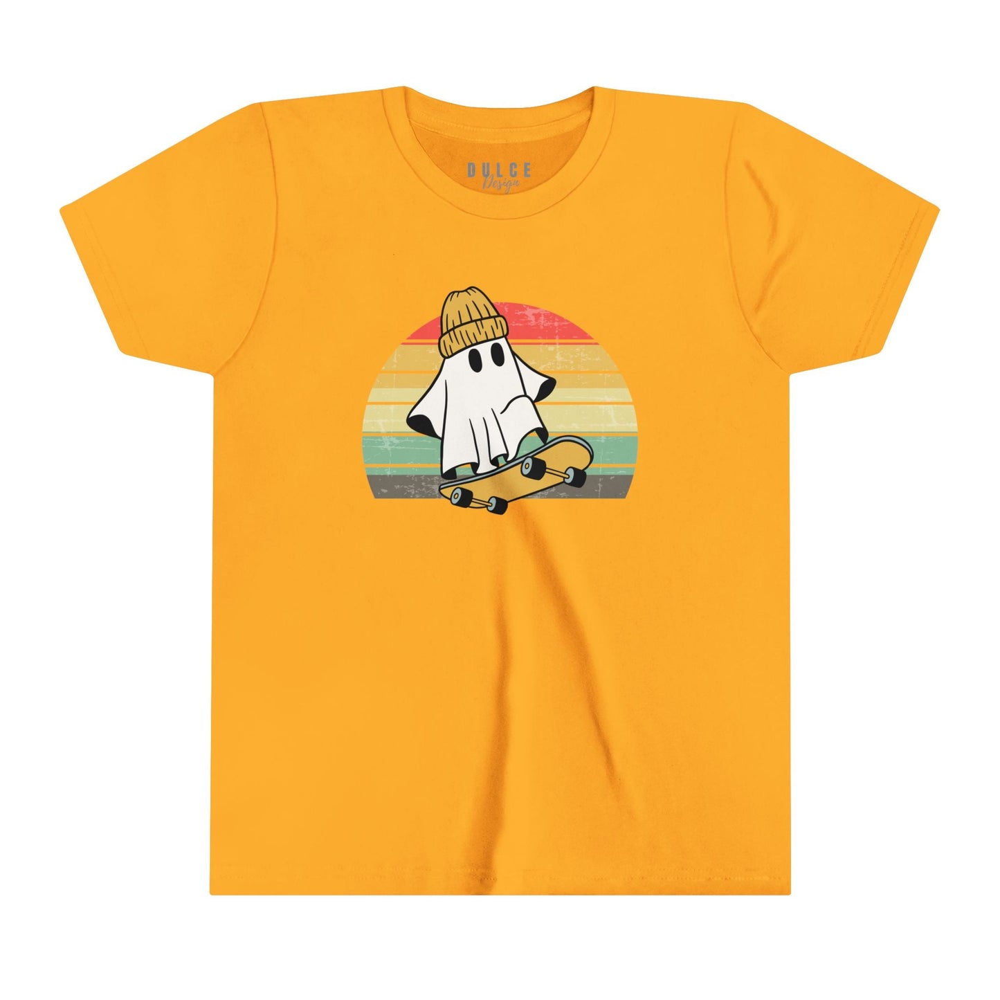 SKATEBOARDING GHOST HALLOWEEN UNISEX YOUTH TEE - COOL & SPOOKY T-SHIRT FOR KIDS- Gold / XL- Dulce Design Studio