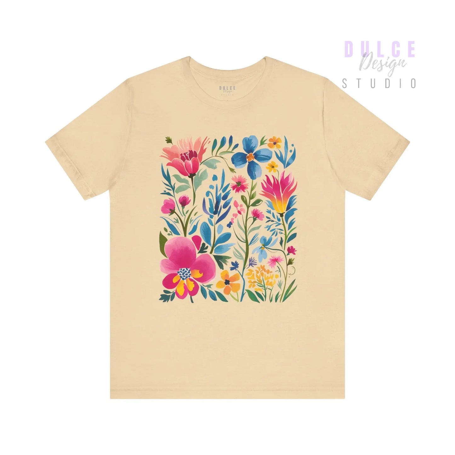 Beige t-shirt with colorful floral design on a white background