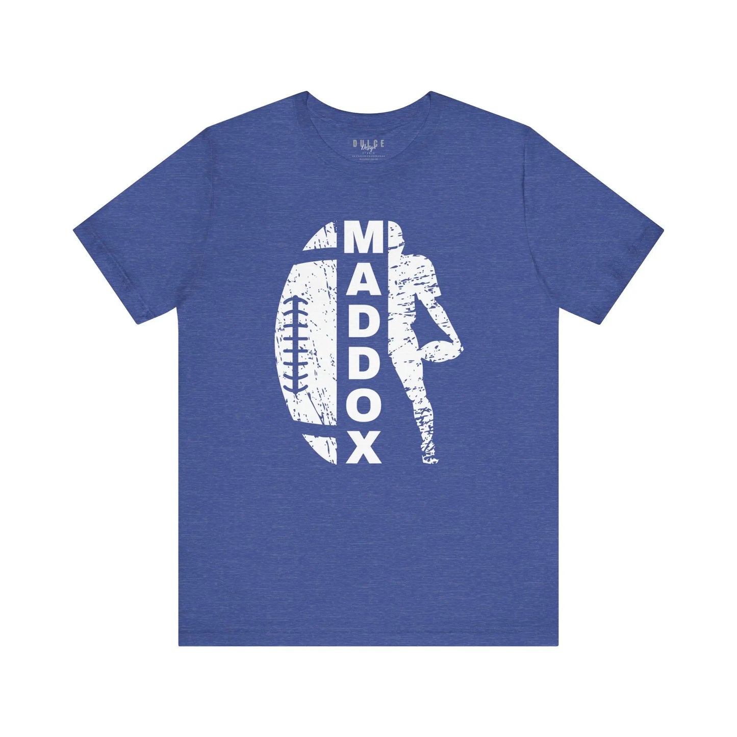 Personalized football name shirt with distressed football graphic and player silhouette – unisex game day sports tee
