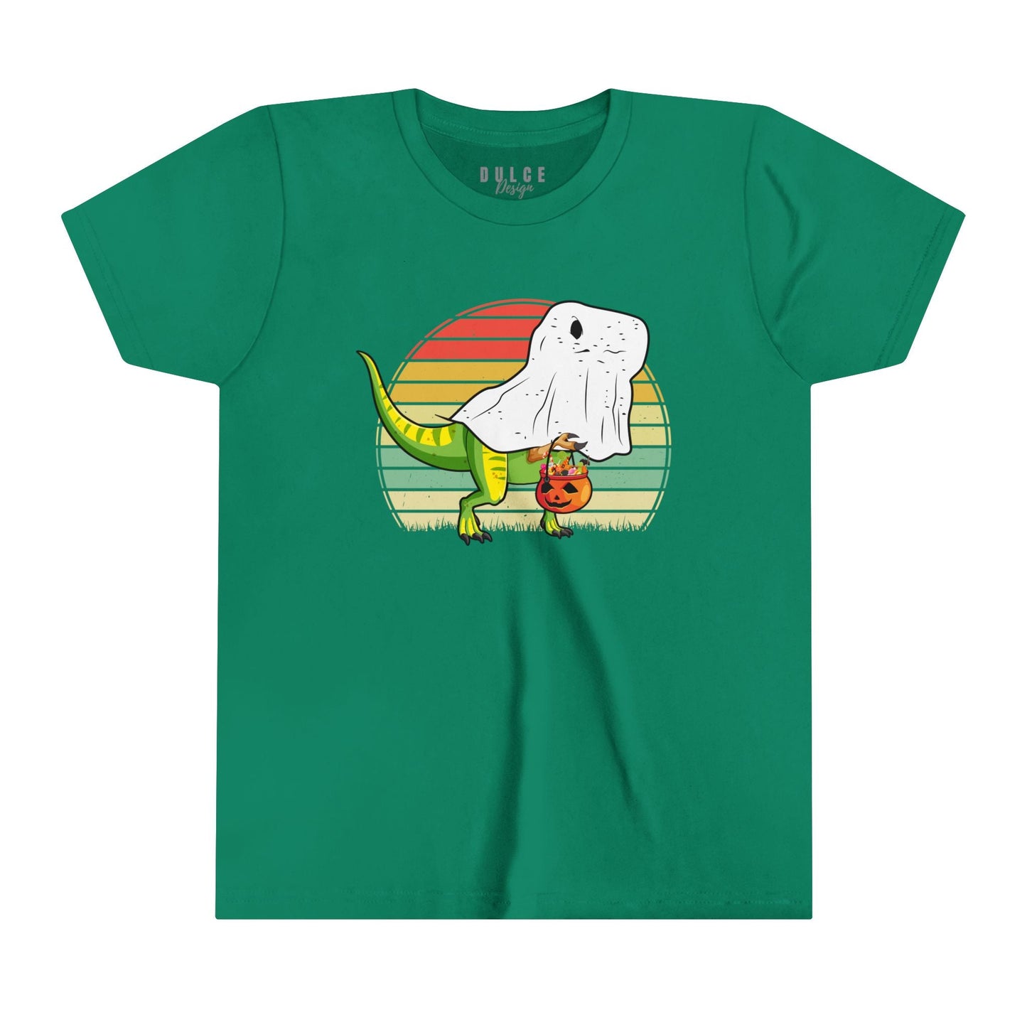 GHOST DINO UNISEX YOUTH T-SHIRT - CUTE HALLOWEEN DINOSAUR TEE FOR KIDS- Kelly / XL- Dulce Design Studio