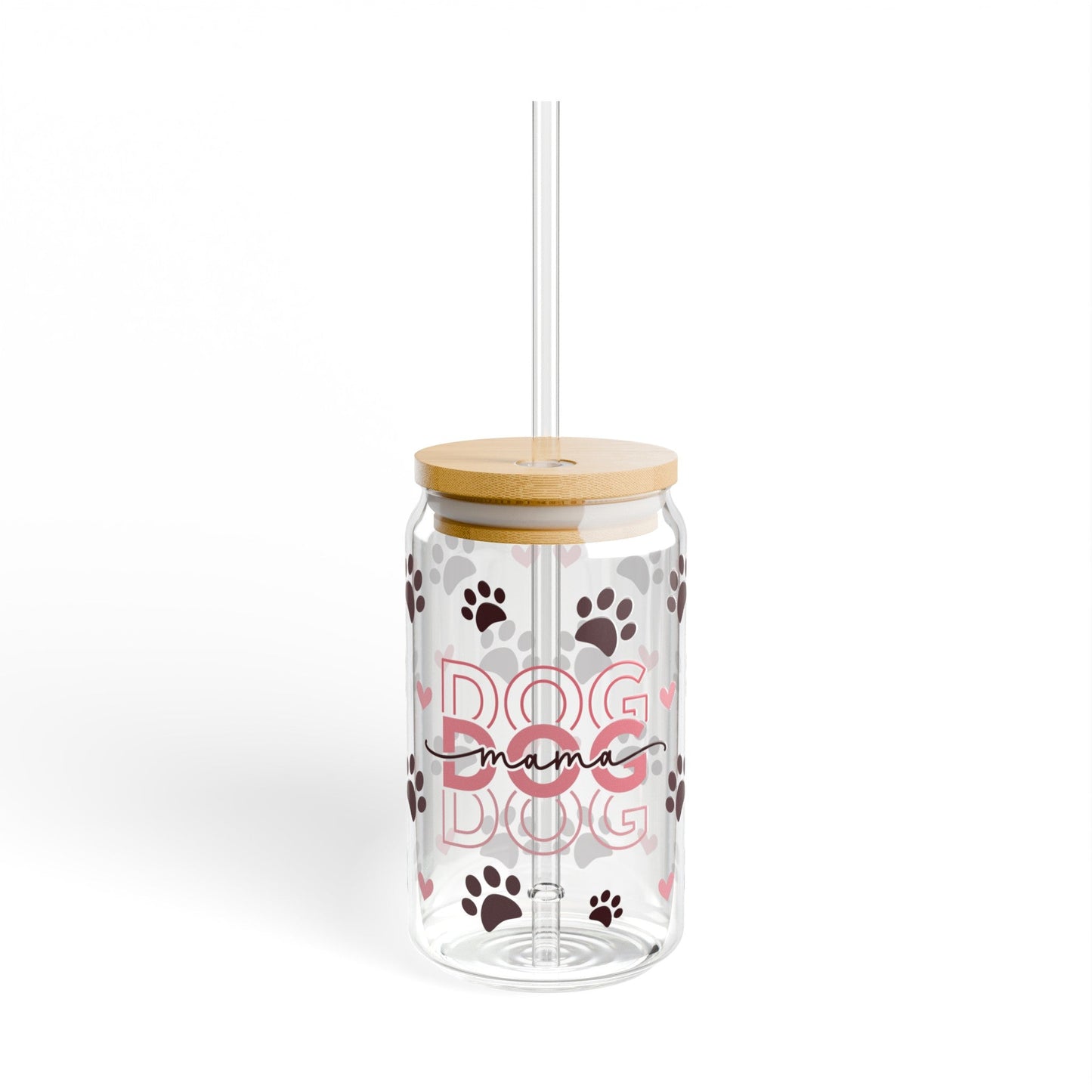 Dog Mama Glass Cup – 16oz Libbey Tumbler with Paw Print Design- With lid and straw / 16oz- Dulce Design Studio
