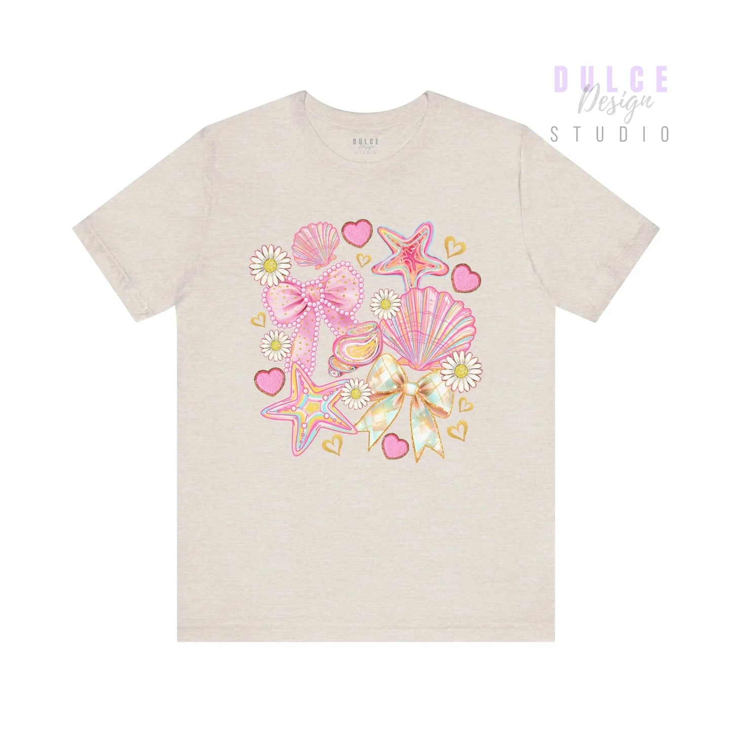 Girly Coastal Vibes – Pastel Shells, Bows & Daisies Tee - Dulce Design Studio