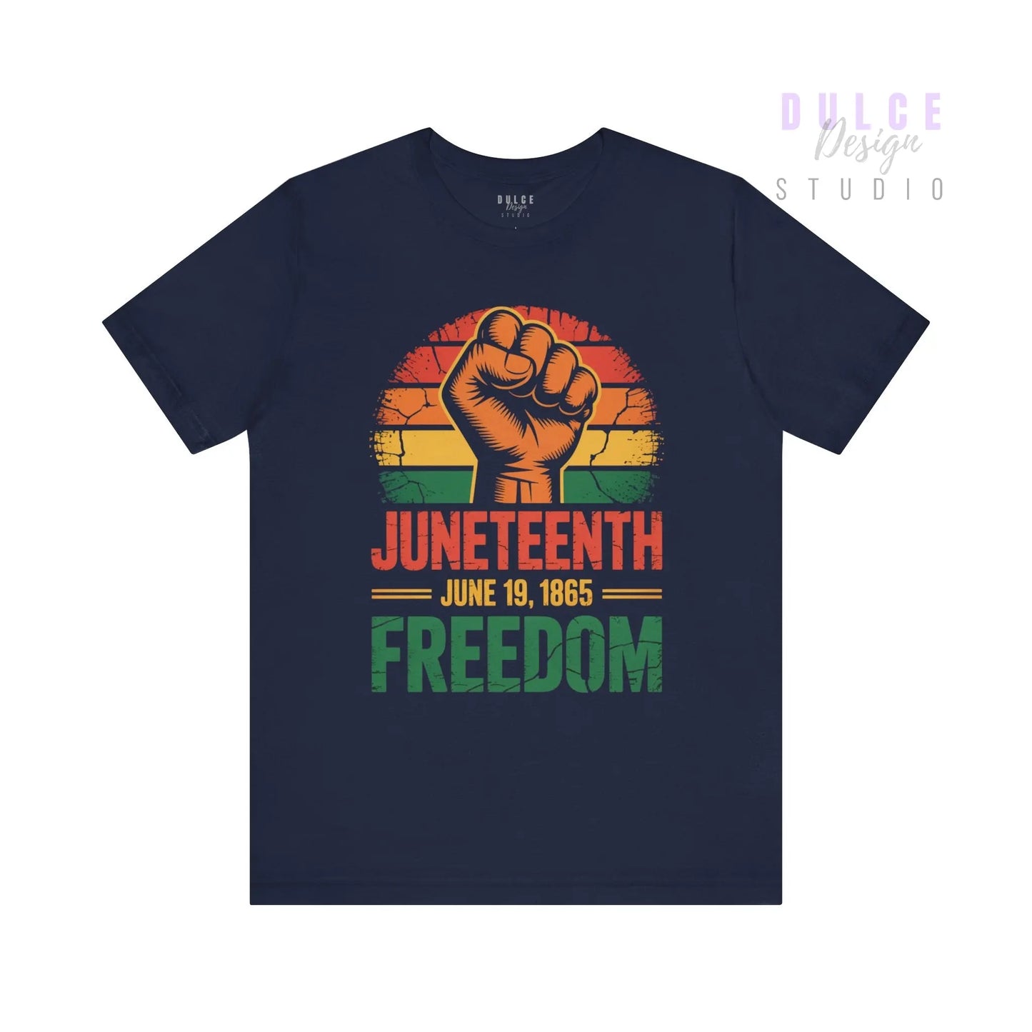 Navy blue t-shirt with Juneteenth design featuring a raised fist and text on a white background