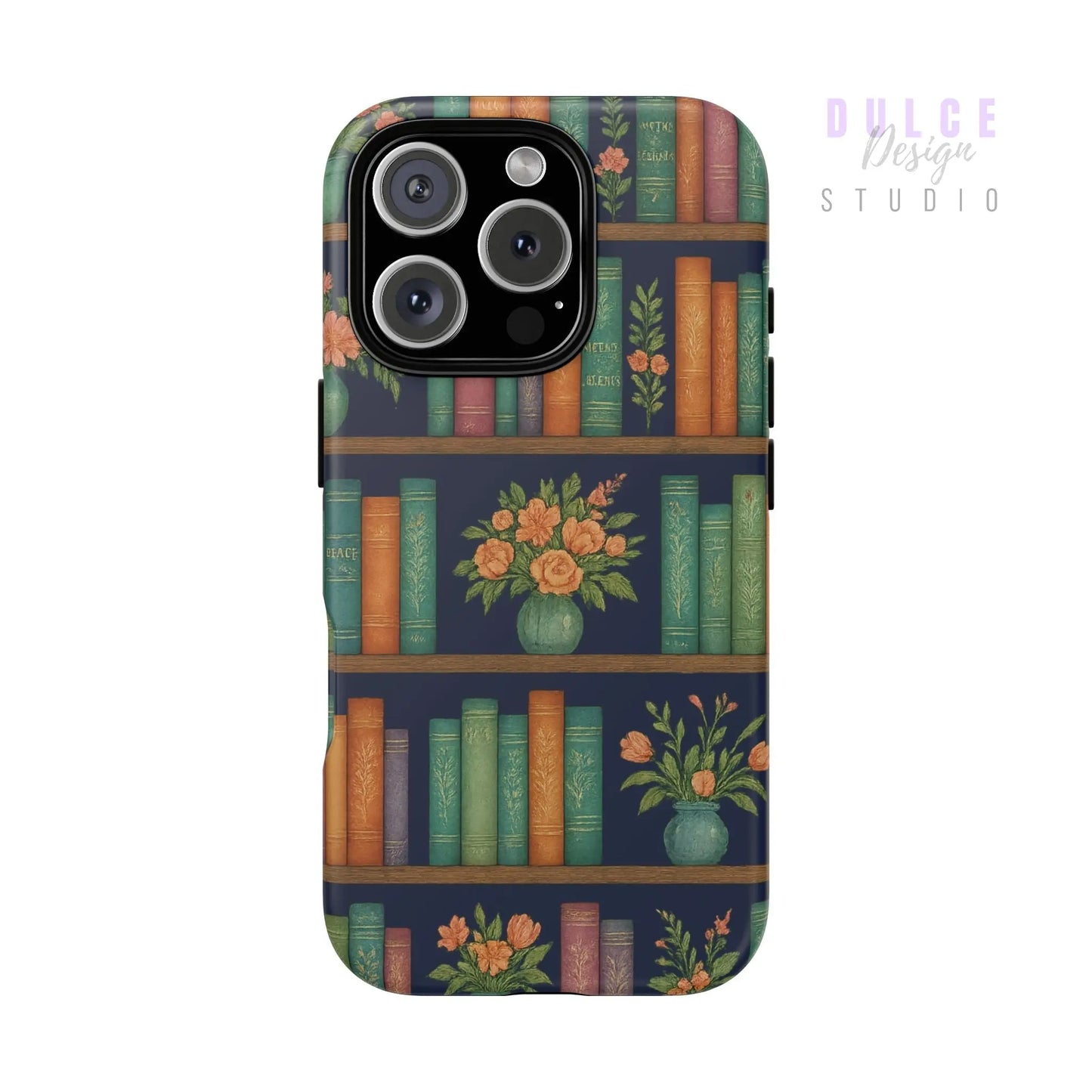 Floral bookshelf phone case with vintage books and cozy vases
