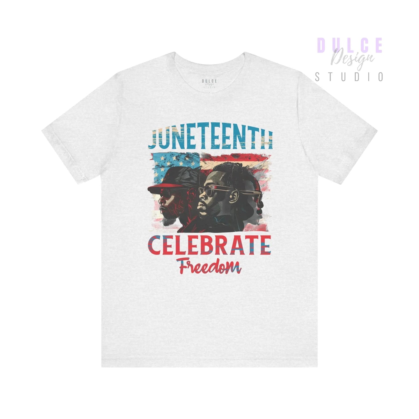 White t-shirt with 'Juneteenth Celebrate Freedom' text and images on a white background