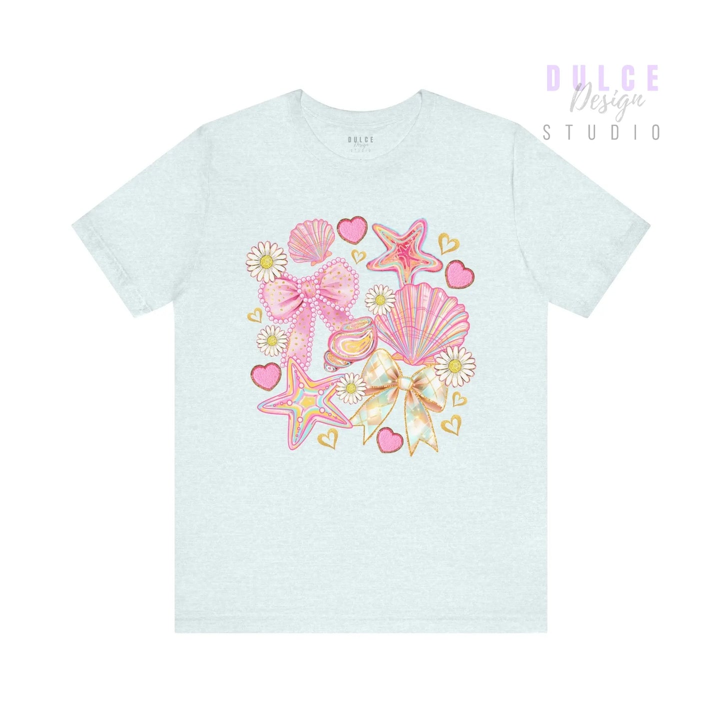 Girly Coastal Vibes – Pastel Shells, Bows & Daisies Tee - Dulce Design Studio