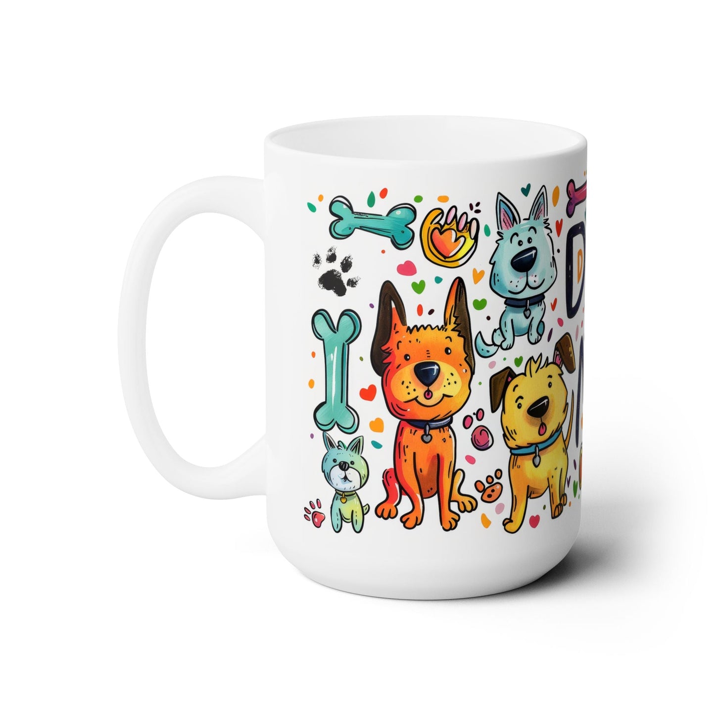 Dog Mom Mug – Cute 15oz Ceramic Coffee Cup with Colorful Cartoon Dogs- - Dulce Design Studio