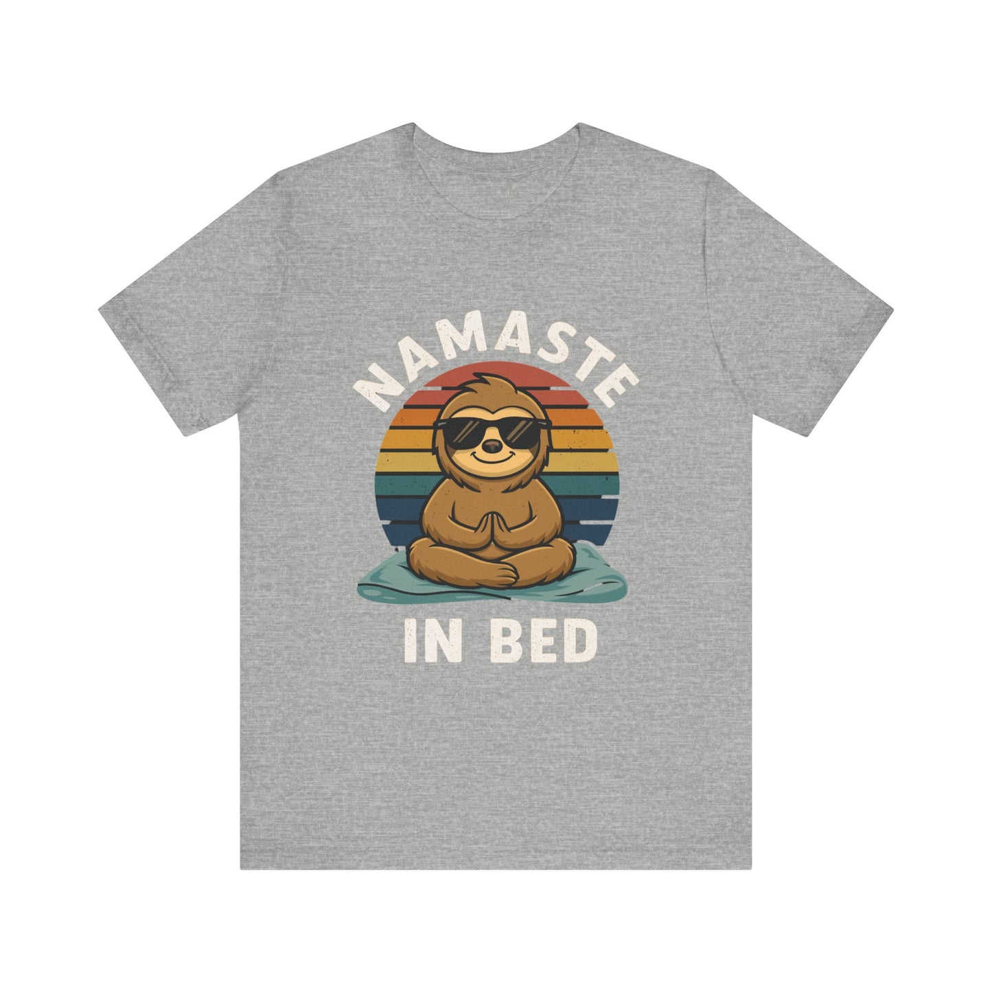 Gray t-shirt with a sloth graphic and 'Namaste in Bed' text on a white background