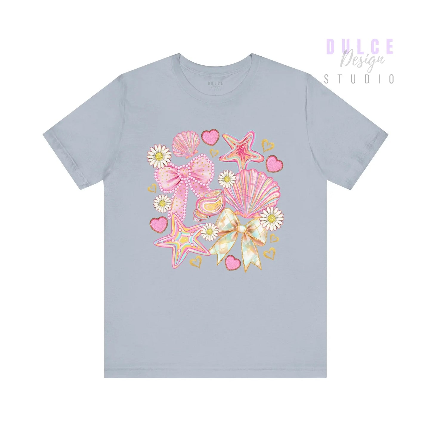 Girly Coastal Vibes – Pastel Shells, Bows & Daisies Tee - Dulce Design Studio