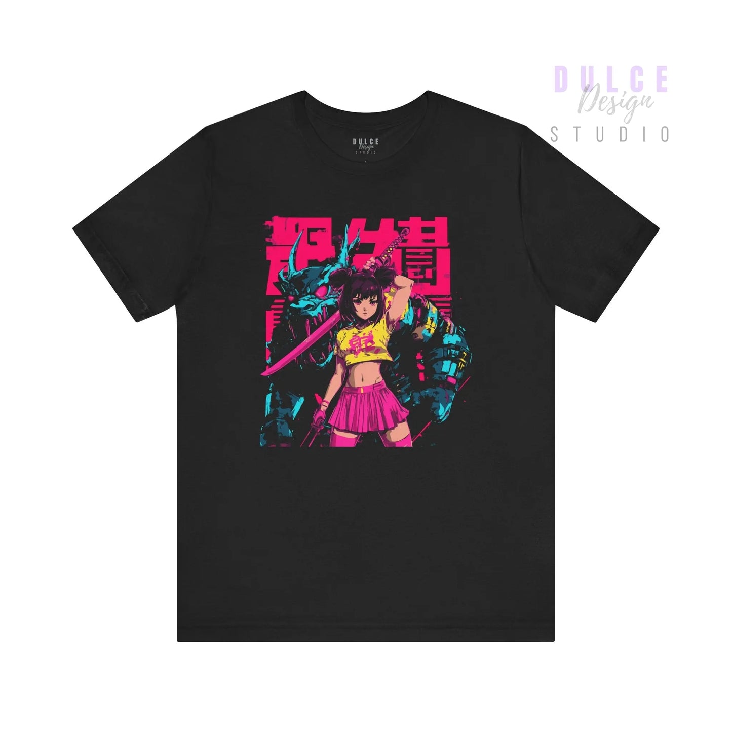 Neon anime girl t-shirt design featuring a sword-wielding warrior in pink with a robotic beast behind her, styled in cyberpunk colors on black tee