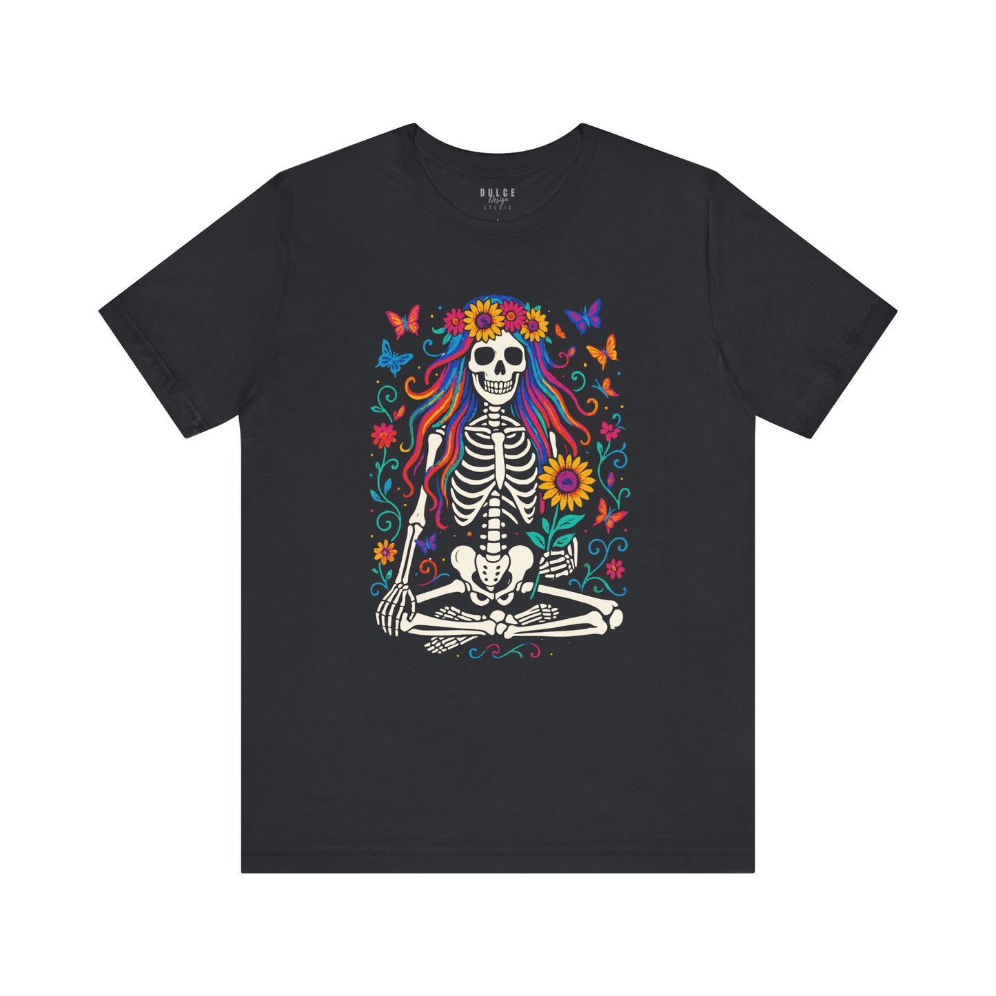 Meditating Skeleton with Rainbow Hair – Floral Boho Goth Tee - Dulce Design Studio