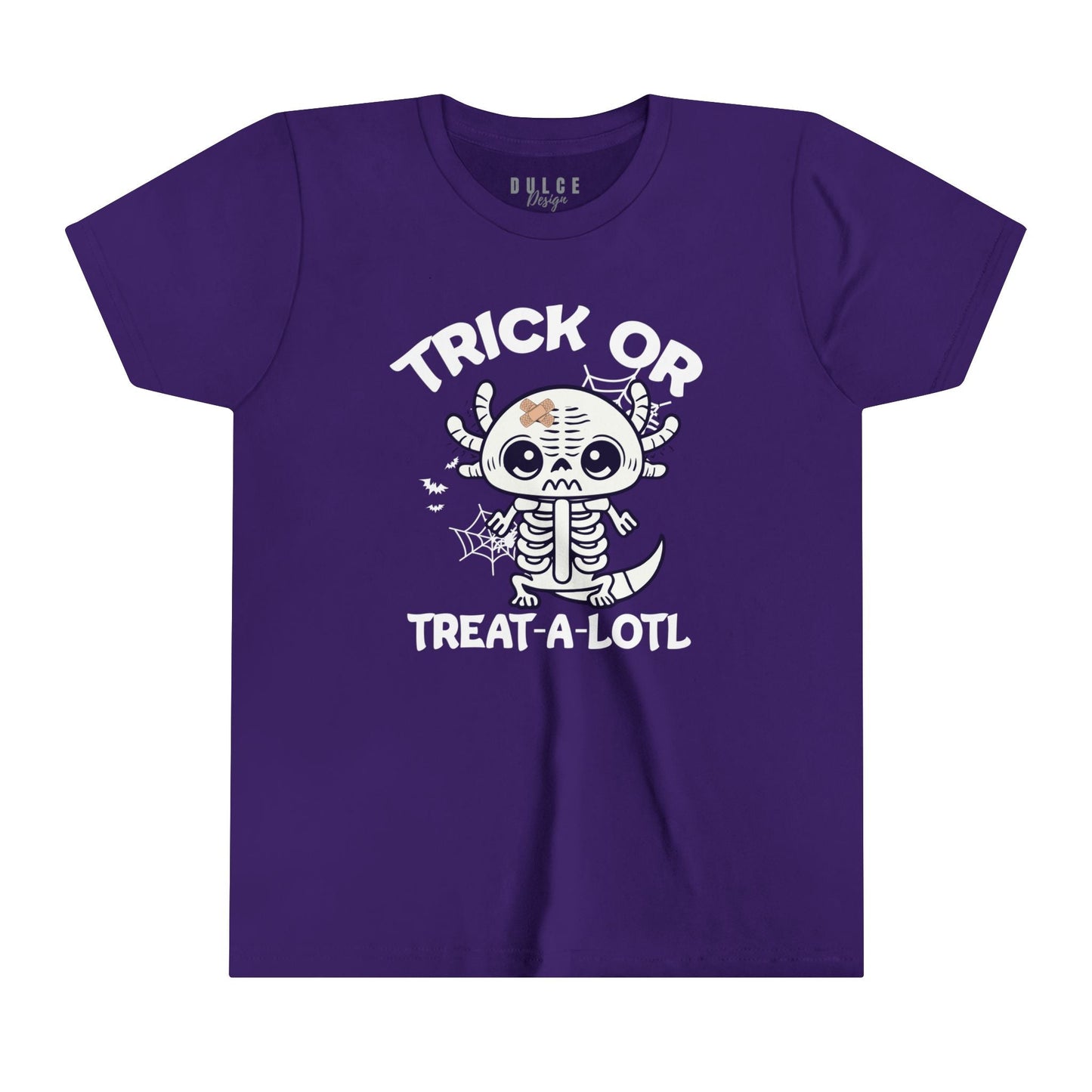 TRICK OR TREAT A-LOTL YOUTH UNISEX HALLOWEN TEE – CUTE AXOLOTL SKELETON SHIRT FOR KIDS- Team Purple / XL- Dulce Design Studio