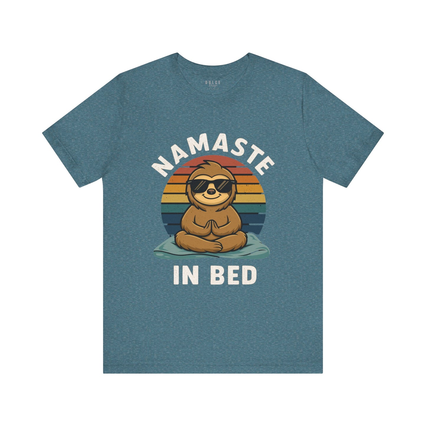 heather teal t-shirt with a sloth graphic and 'Namaste in Bed' text on a white background