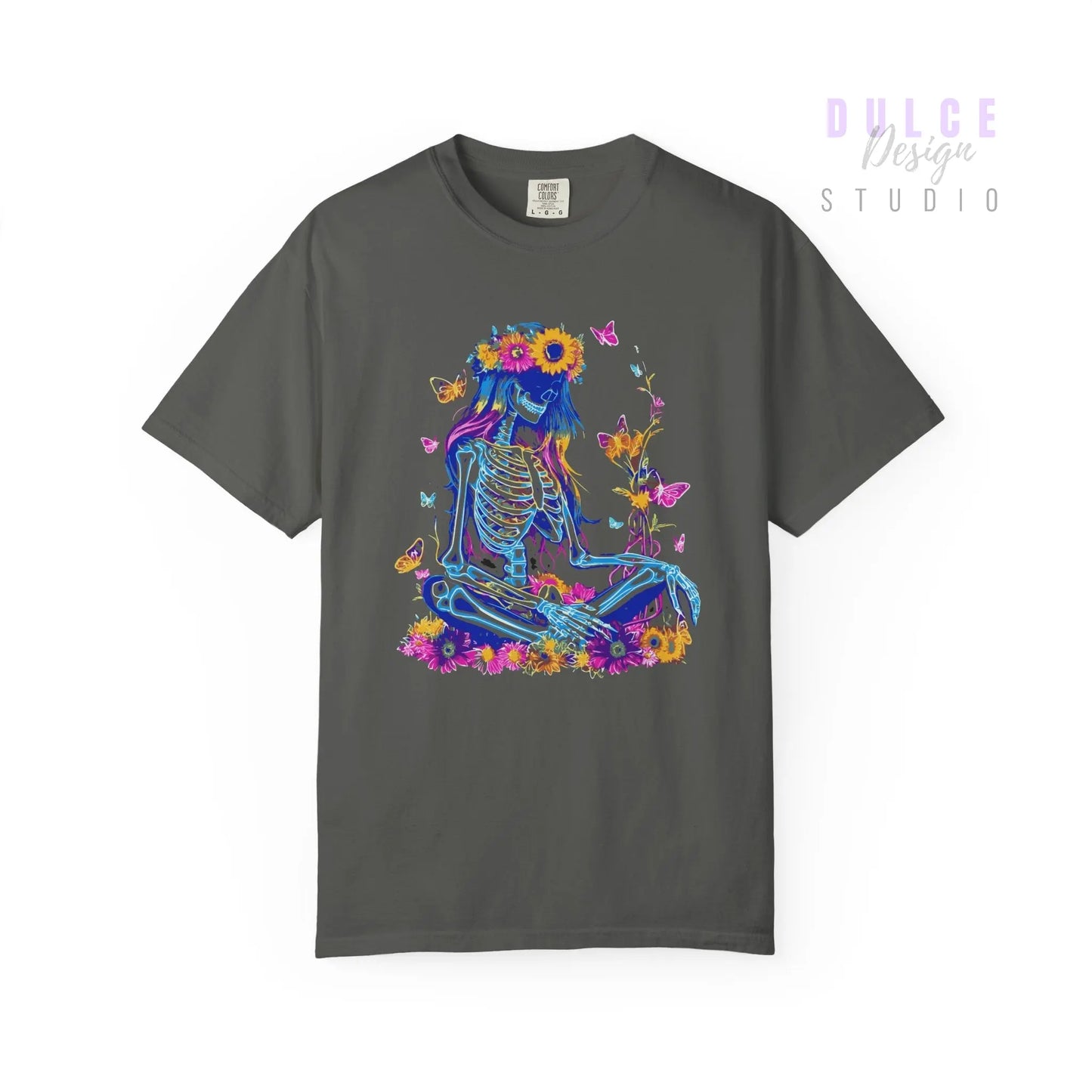 Gray t-shirt with a colorful skeleton and floral design on a white background