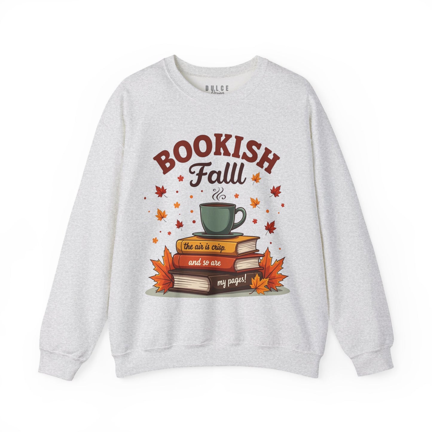 Gray sweatshirt with 'Bookish Fall' design featuring books and a cup on a white background