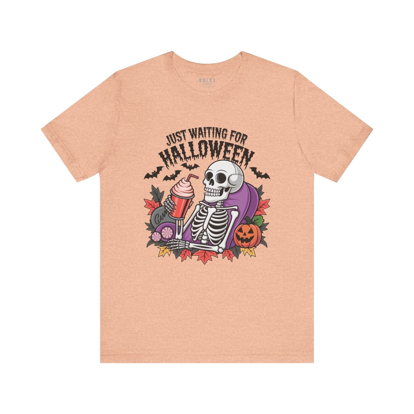 Just Waiting for Halloween – Funny Halloween Skeleton Shirt- Heather Peach / 3XL- Dulce Design Studio