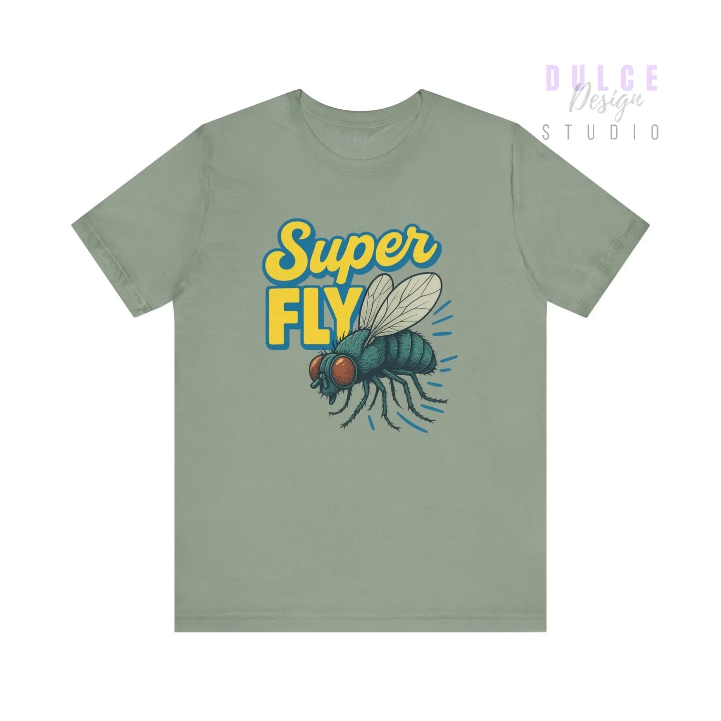 Green t-shirt with 'Super Fly' graphic design on a white background