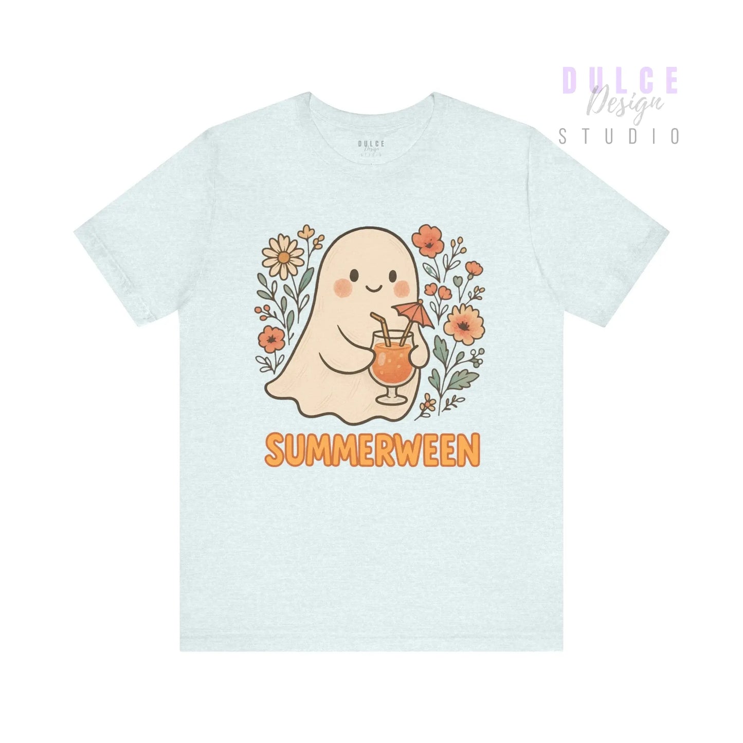 Summerween Ghost T-Shirt – Vintage Style Floral Halloween Tee - Heather Ice Blue / 3XL Dulce Design Studio