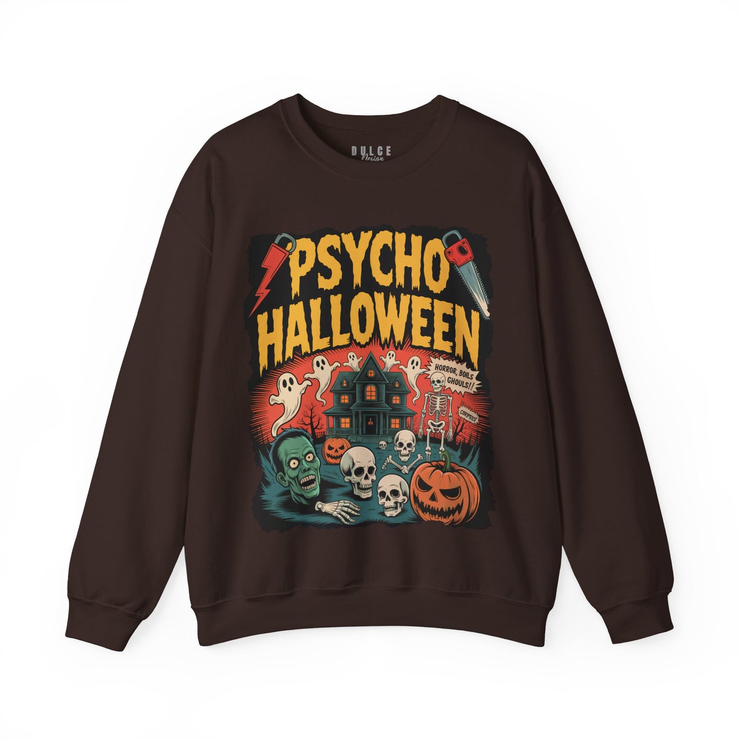 Brown sweatshirt with 'Psycho Halloween' graphic design on a white background