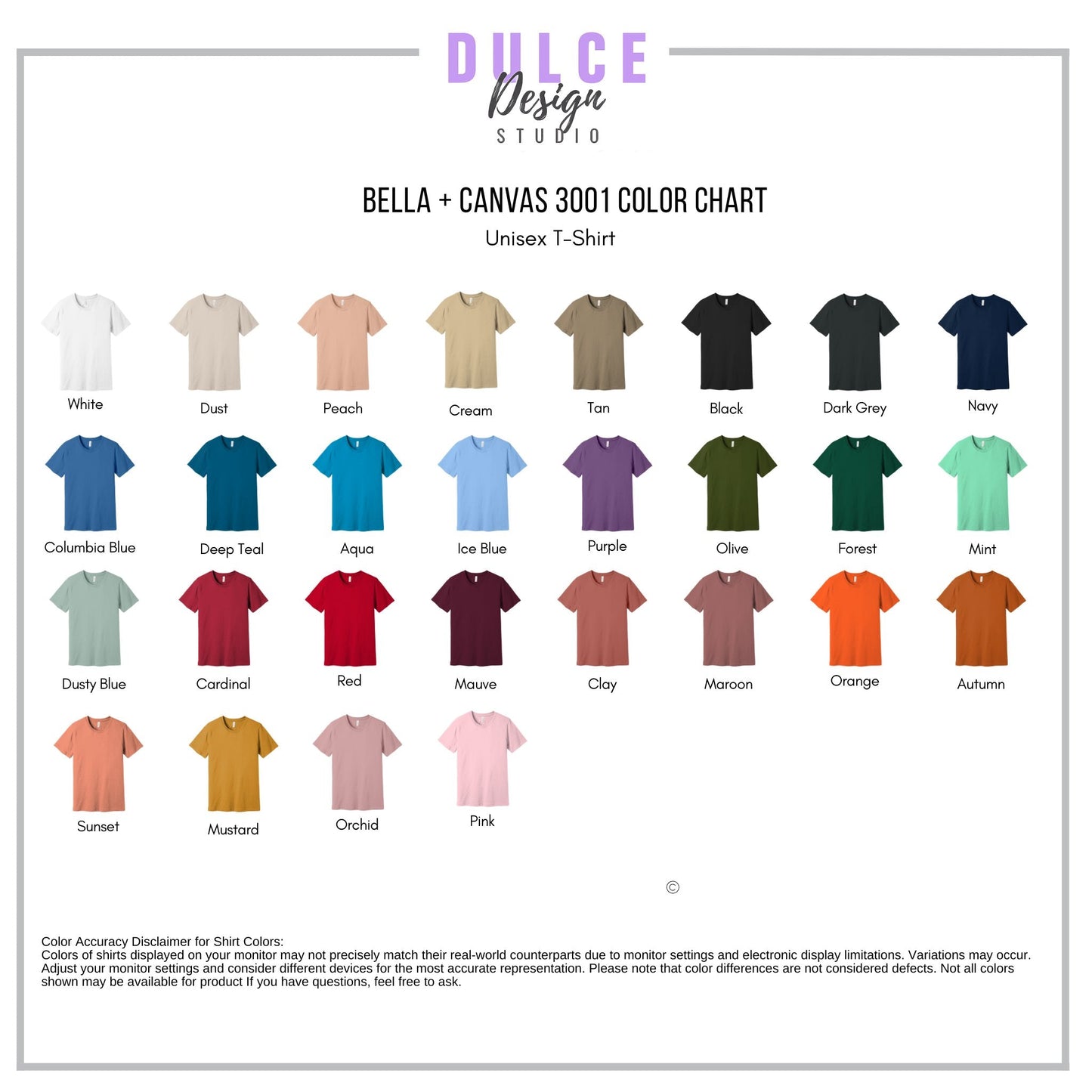 Bella Canvas 3001 Unisex Tee Color Guide