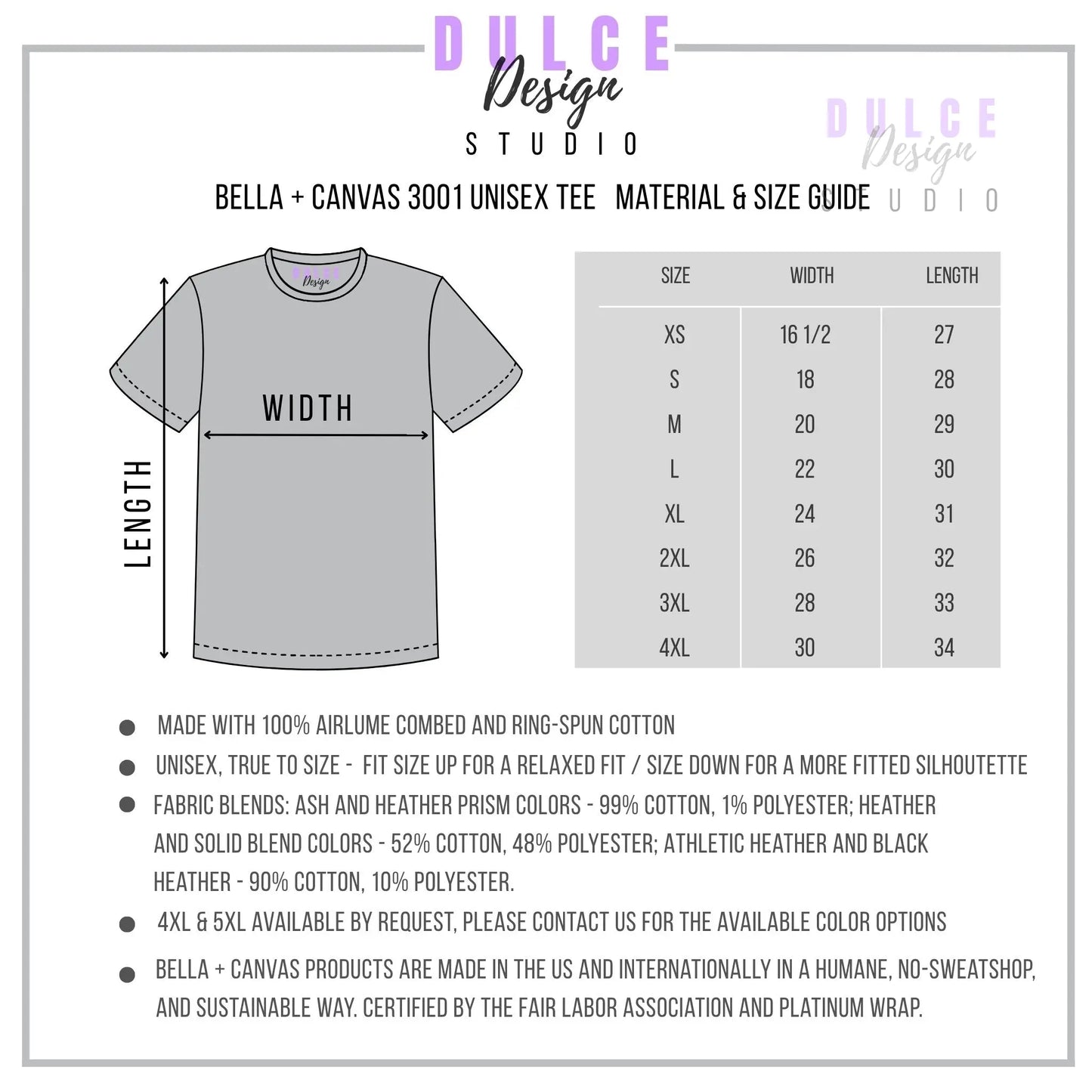 Bella + Canvas 3001 Unisex Tee material and size guide with dimensions and specifications.