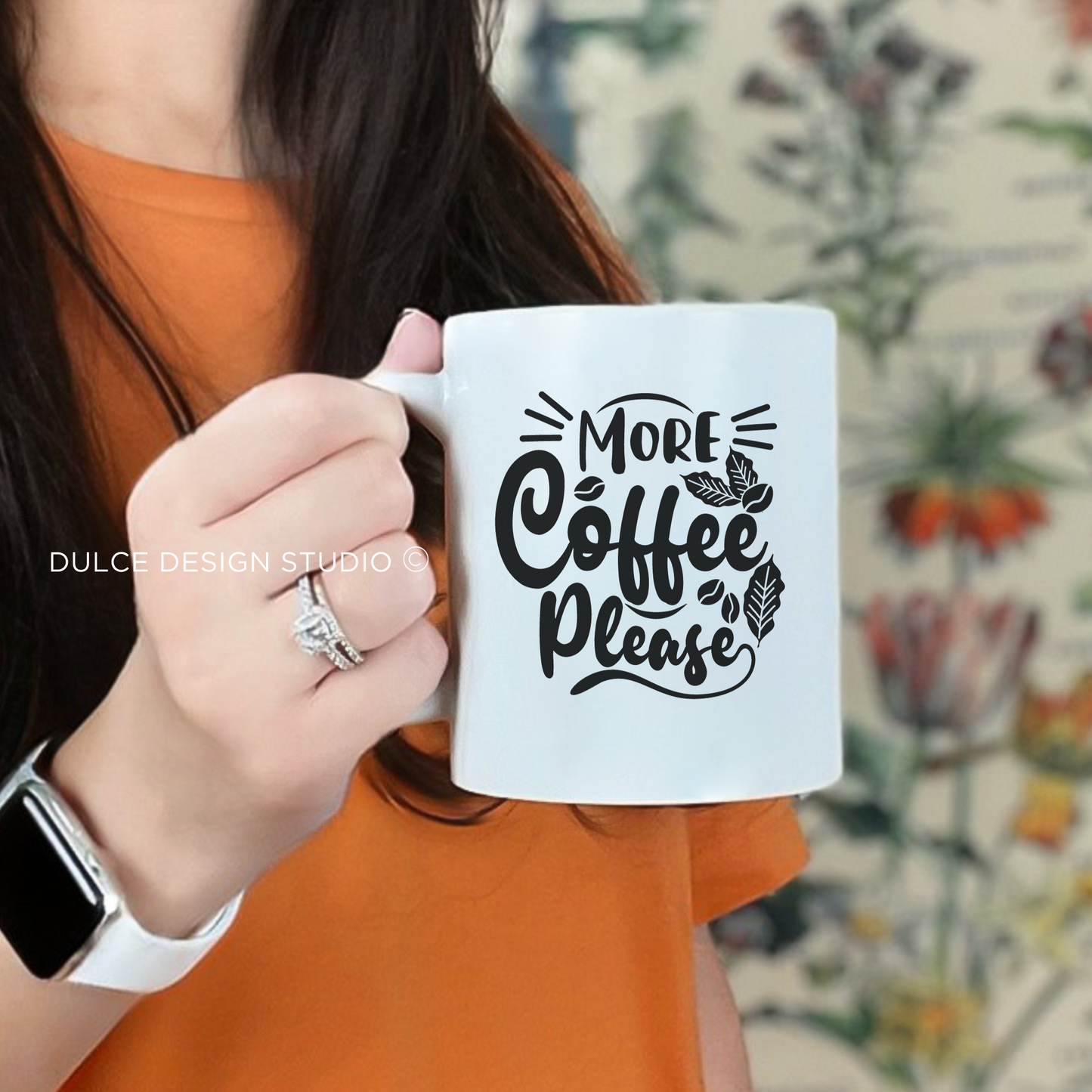 White ceramic coffee mug with “More Coffee Please” printed in black script