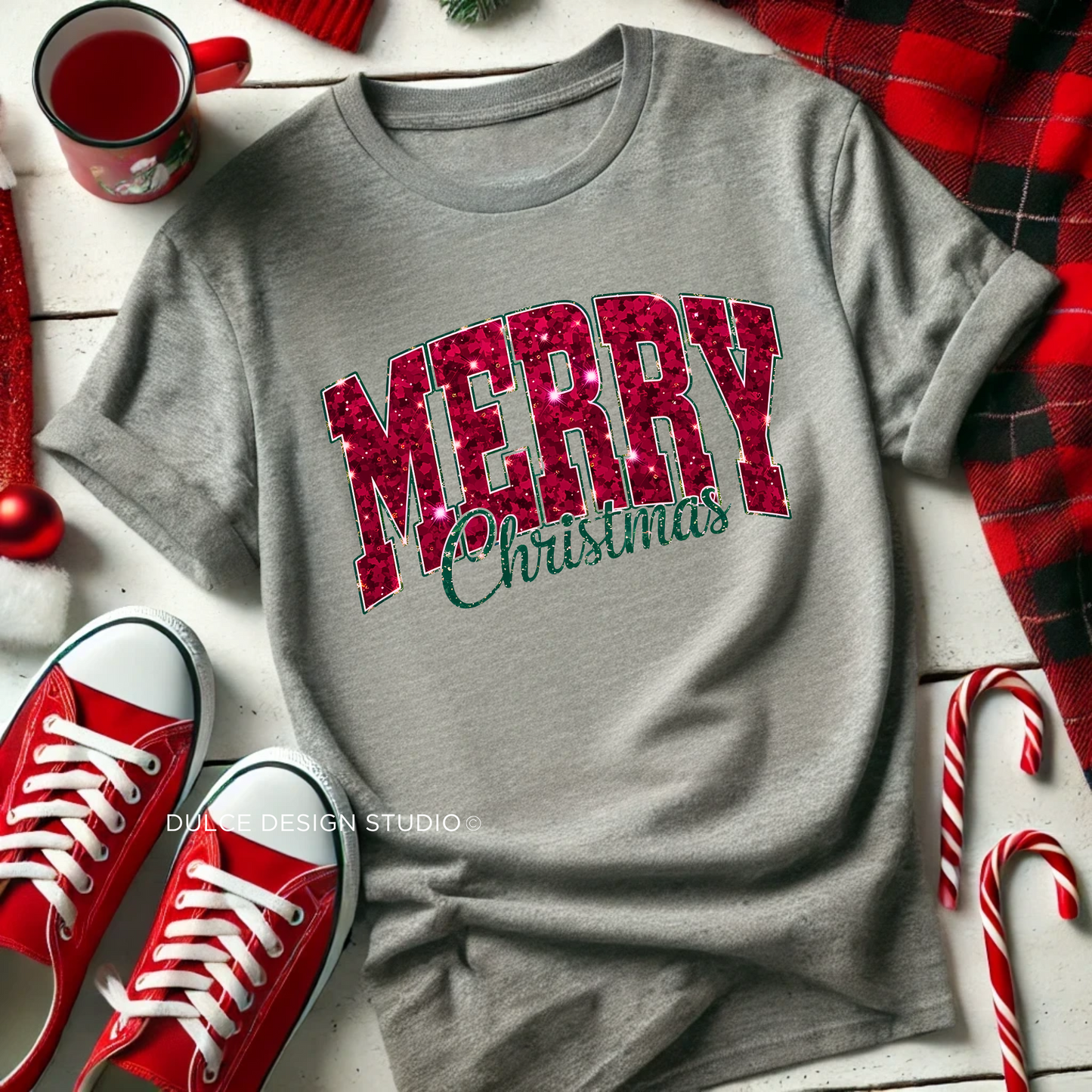 FESTIVE FAUX SEQUIN MERRY CHRISTMAS RELAXED UNISEX T-SHIRT- - Dulce Design Studio