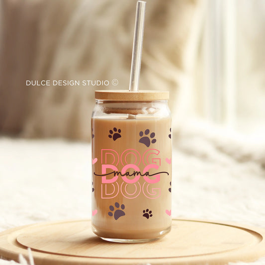 Dog Mama glass cup with pink and brown paw prints and bamboo lid