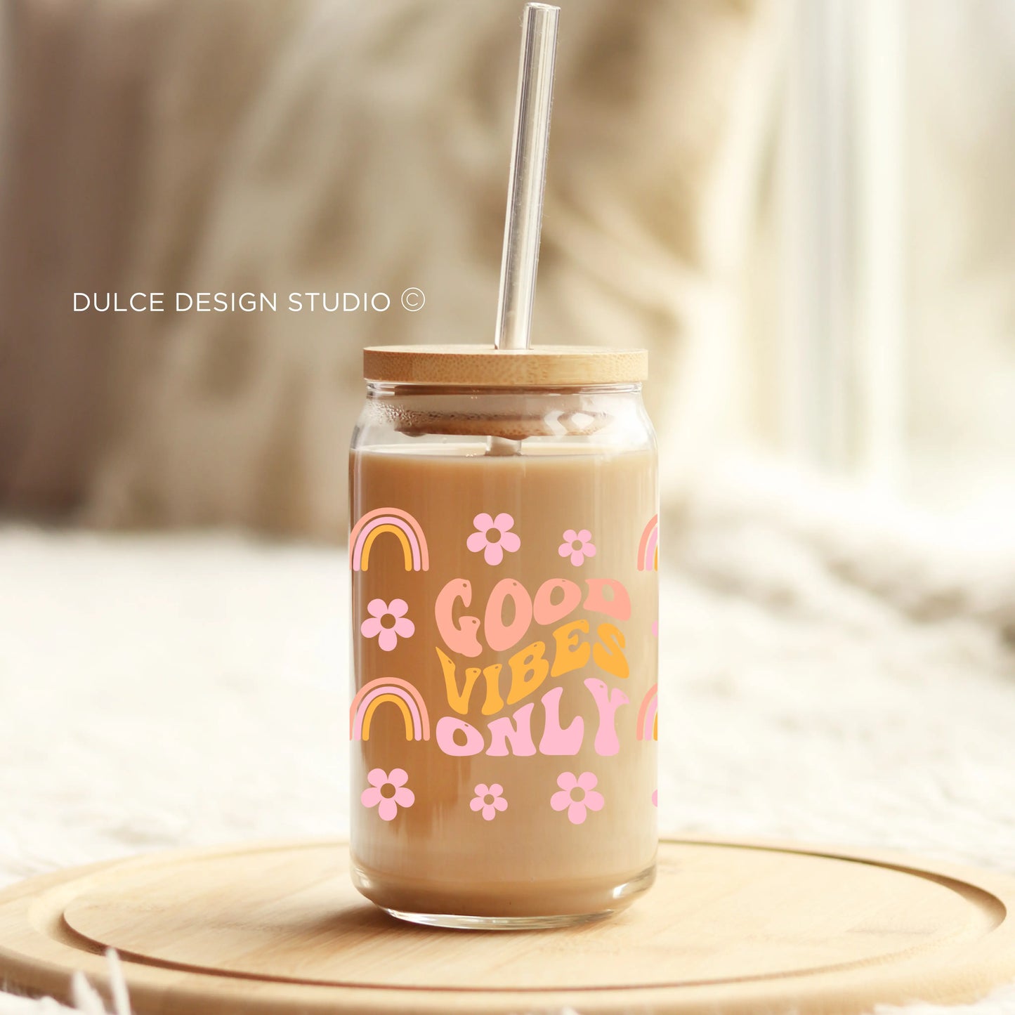 Good Vibes Only glass cup with retro rainbow and flower design