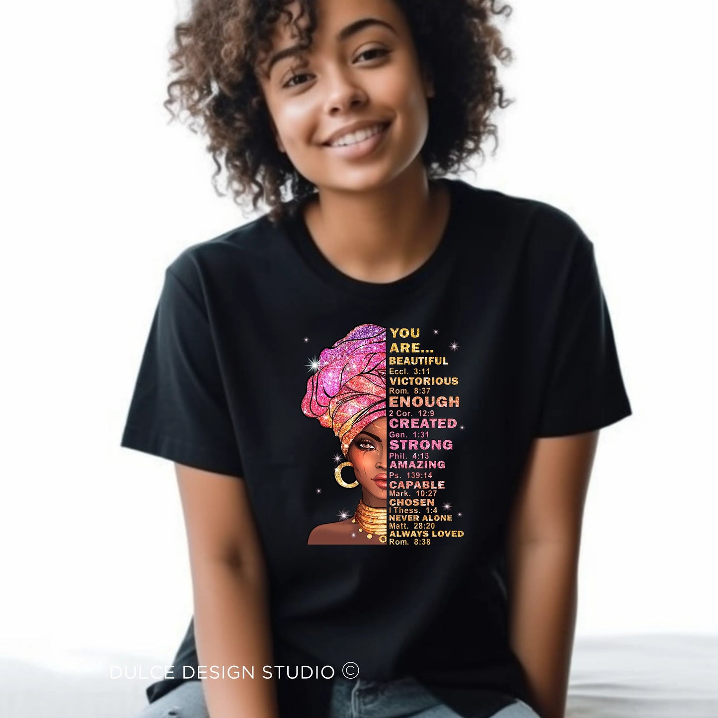Woman wearing “You Are” affirmation tee with scriptures