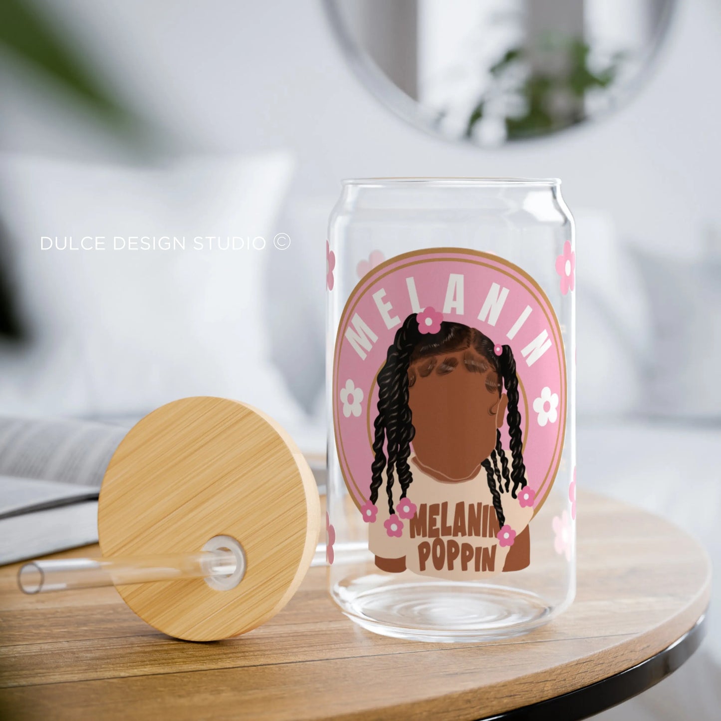 Libbey tumbler with bold melanin graphic and pink accents