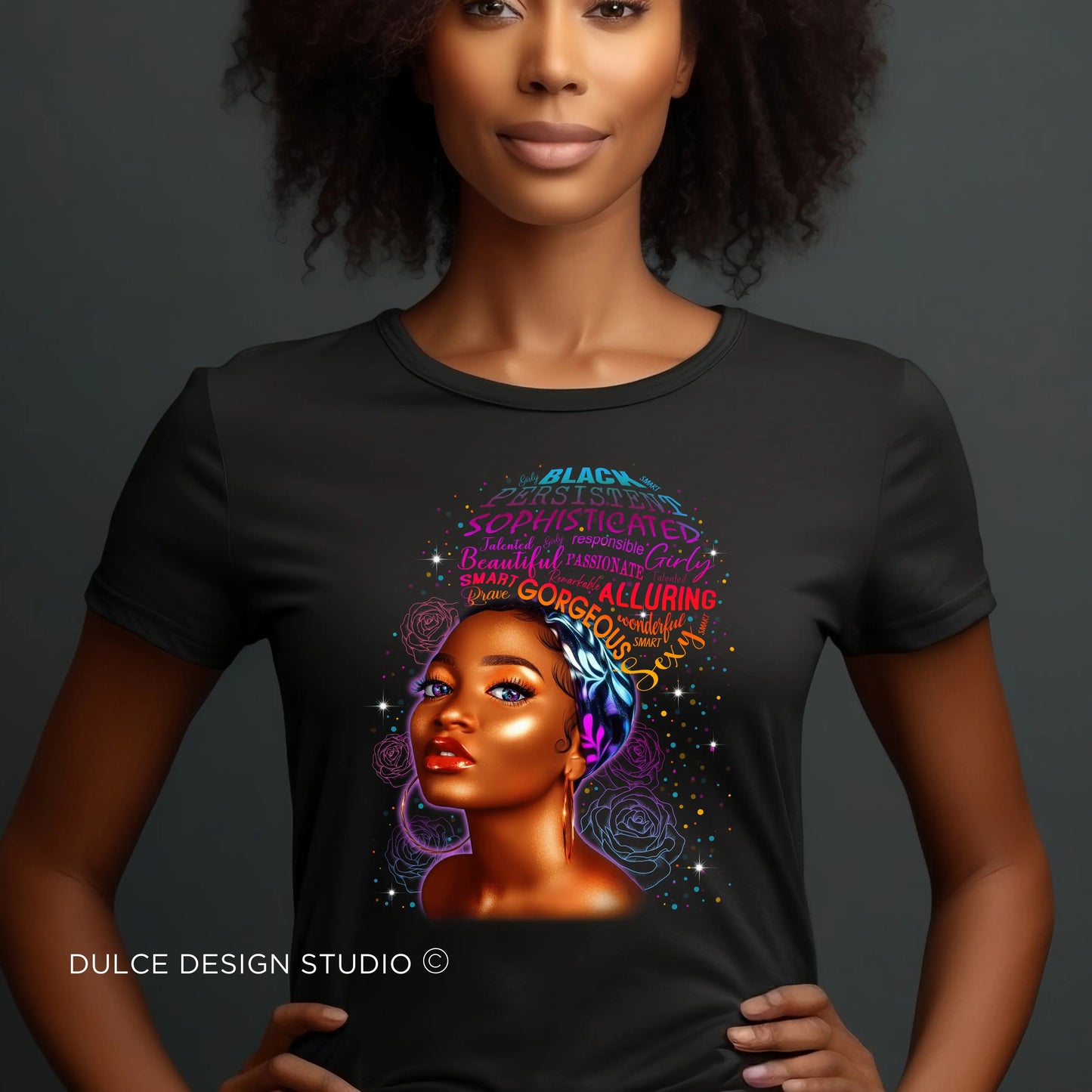 Woman wearing radiant affirmation graphic tee