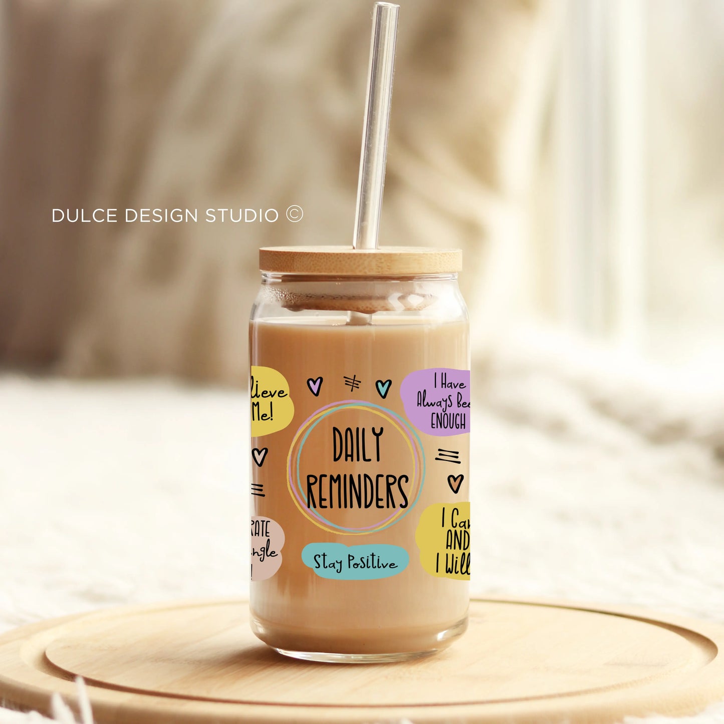 16oz Daily Affirmations glass cup with colorful positive reminders and bamboo lid