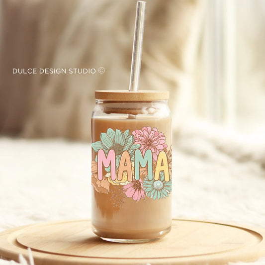 loral Mama Libbey glass cup with pastel lettering and bamboo lid