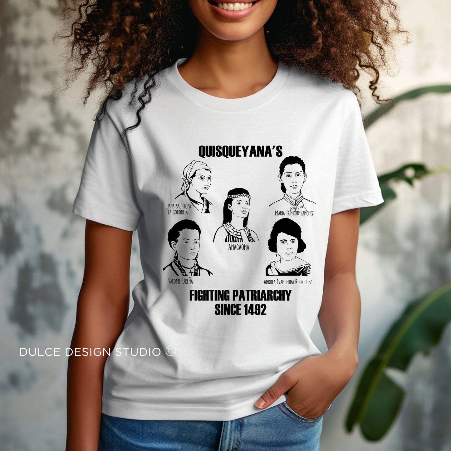 Woman wearing "Fighting Patriarchy Since 1492" t-shirt