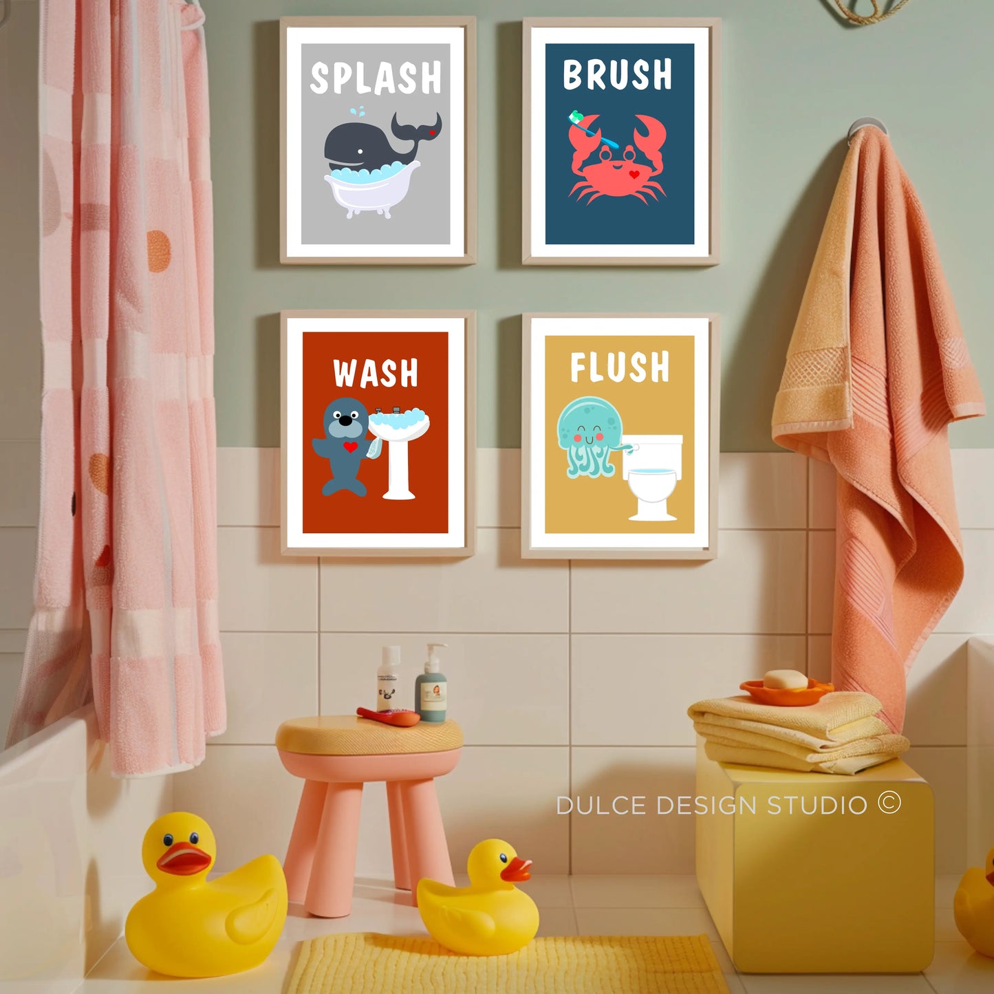 Splash, Brush, Wash, Flush printable art with fun ocean creatures