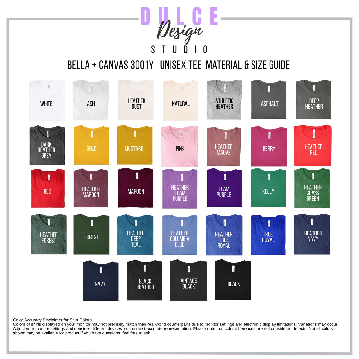 Color swatch chart for Bella + Canvas 3001Y unisex tees with Dulce Design Studio branding.
