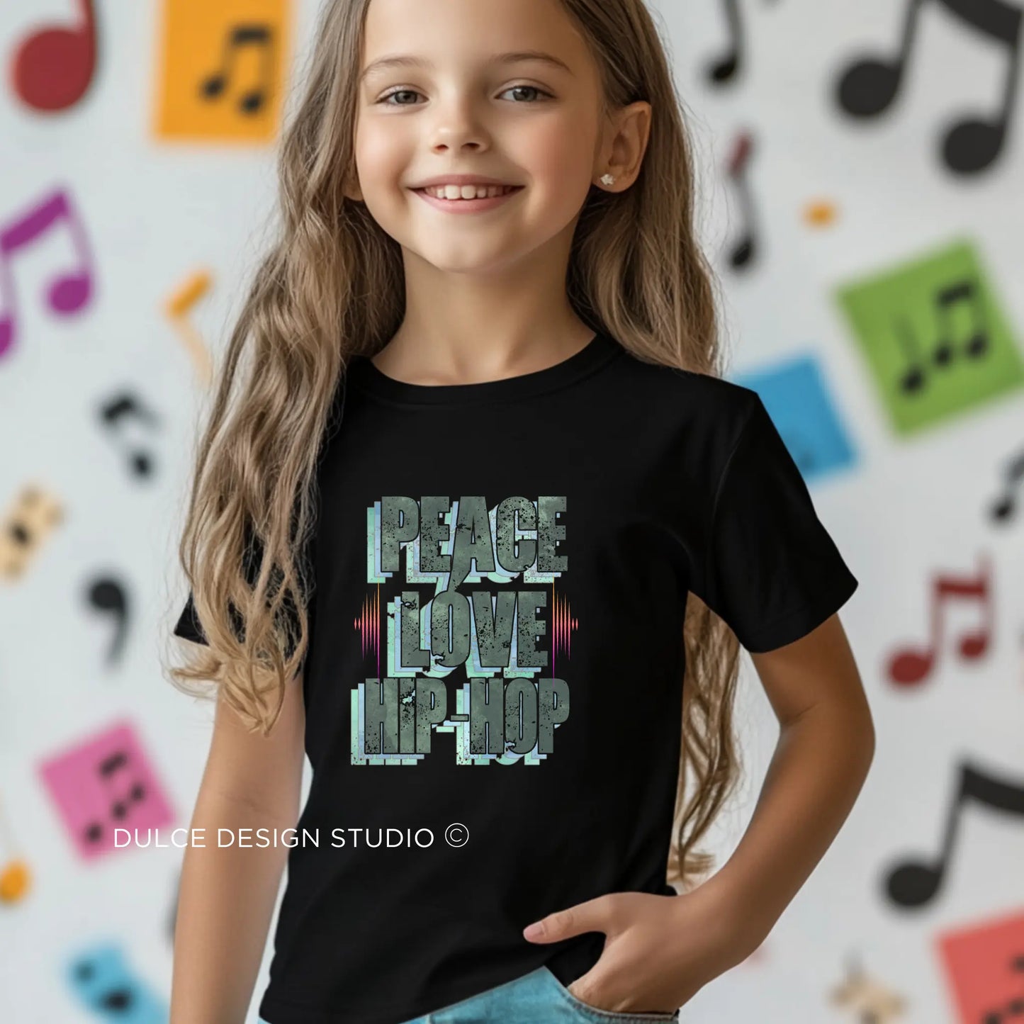 Smiling female child wearing a Peace, Love, and Hip Hop Unisex Youth T-Shirt with a bold and stylish design