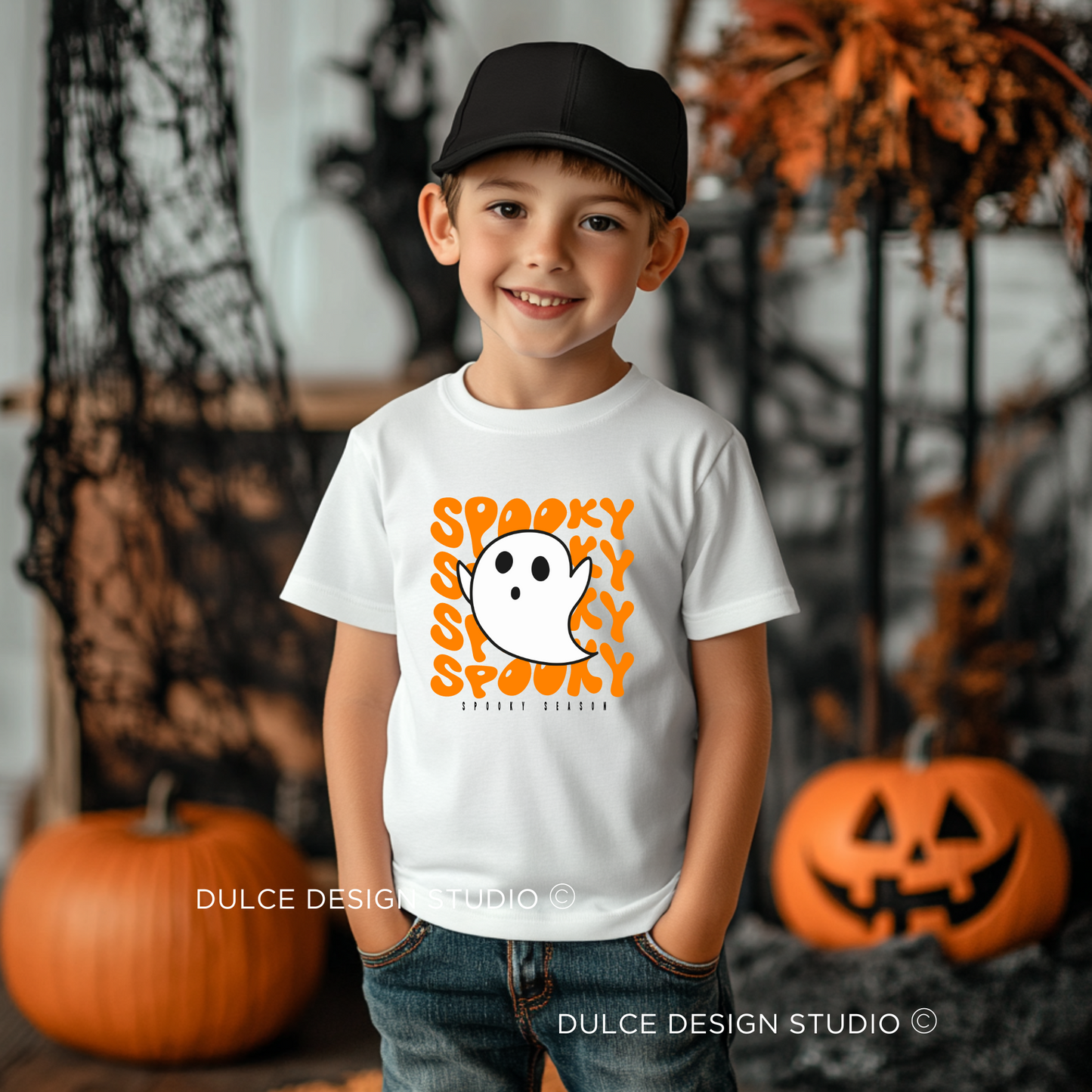 SPOOKY SEASON UNISEX YOUTH T-SHIRT - FUN FESTIVE HALLOWEEN GHOST TEE FOR KIDS- - Dulce Design Studio