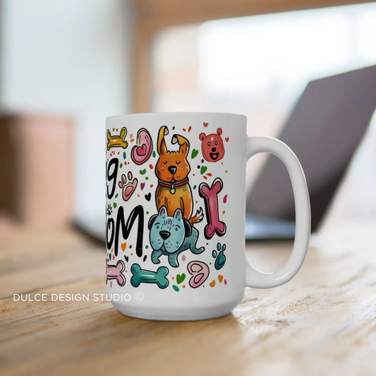 Dog lover gift mug with playful dog illustrations and hearts