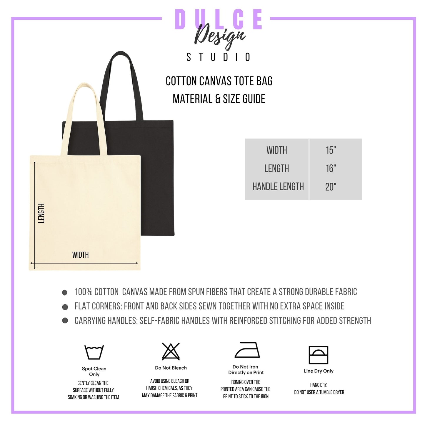 Cotton canvas tote bag material and size guide with Dulce Design Studio branding.