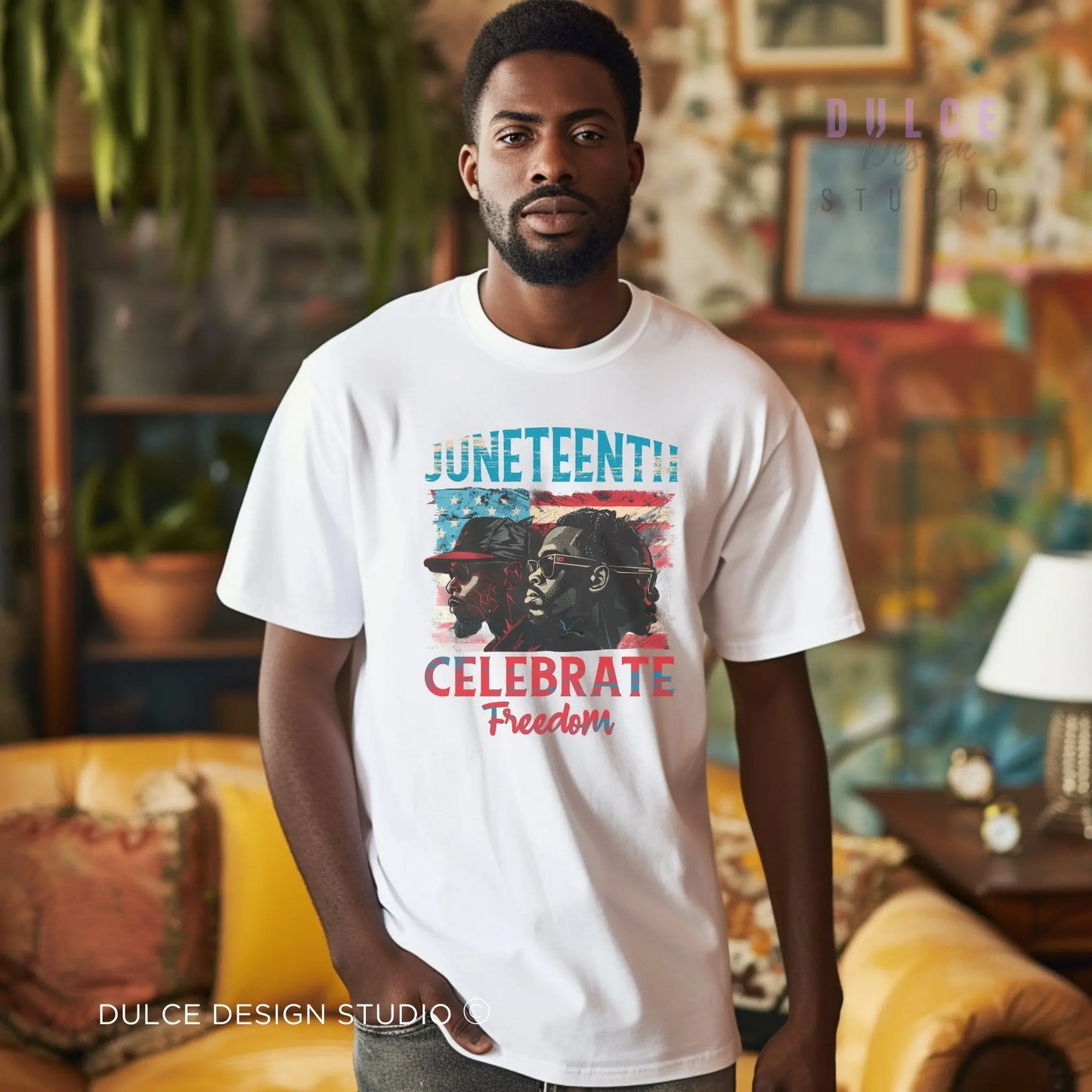 man wearing Celebrate Freedom Juneteenth shirt with bold Black profiles and distressed U.S. flag background on white unisex t-shirt