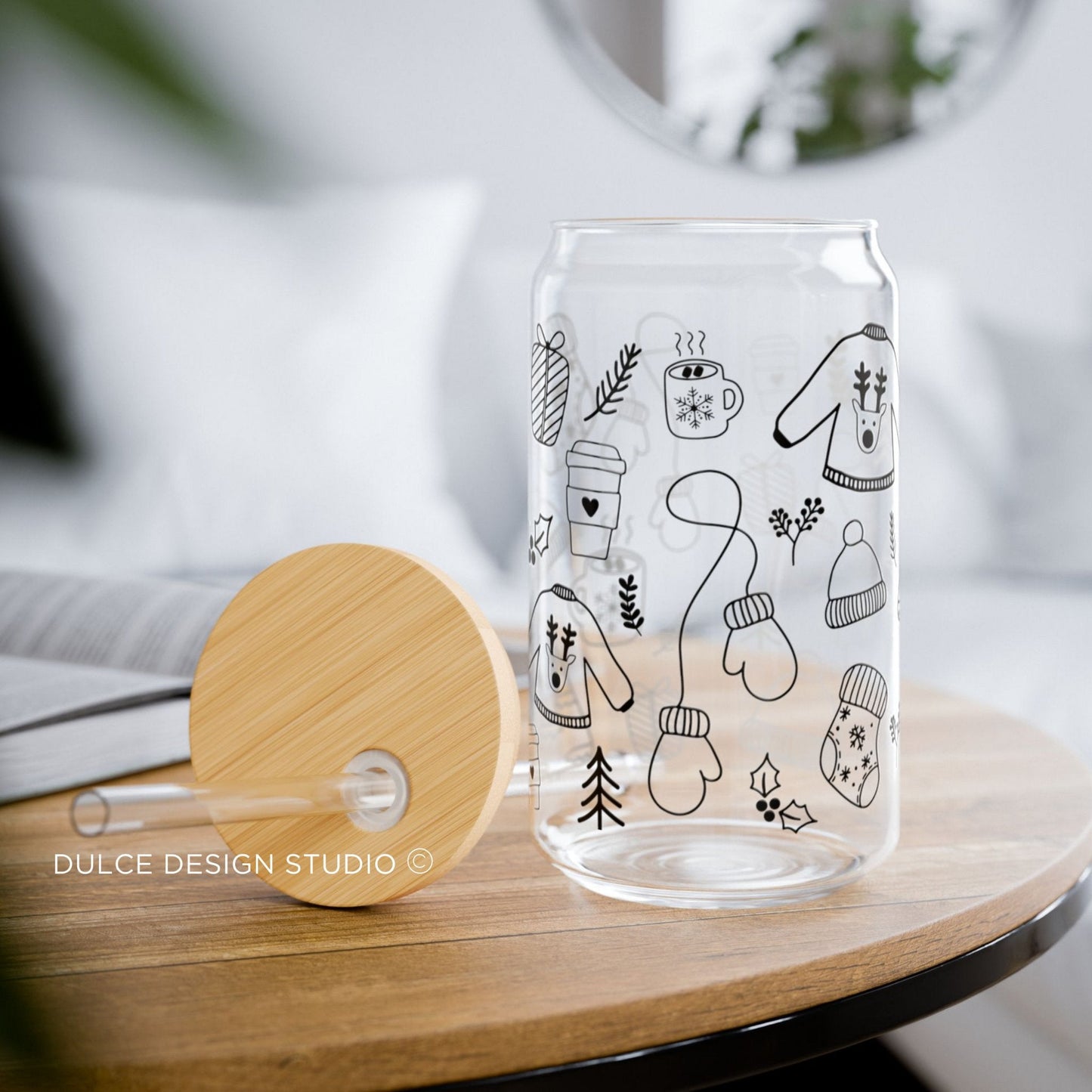 Christmas Doodles Glass Cup – 16oz Libbey Tumbler with Bamboo Lid & Straw- - Dulce Design Studio