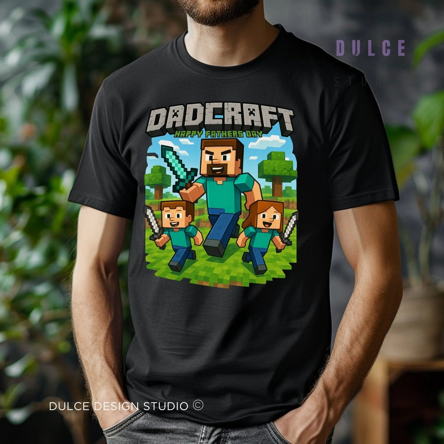 white man wearing a DadCraft Gamer Tee Dad Father’s Day Shirt – Gamer dad with son pixel art graphic on unisex tee
