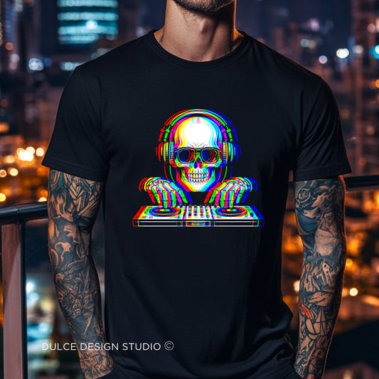 Person wearing a black t-shirt with a colorful skull and headphones design, cityscape in the background.