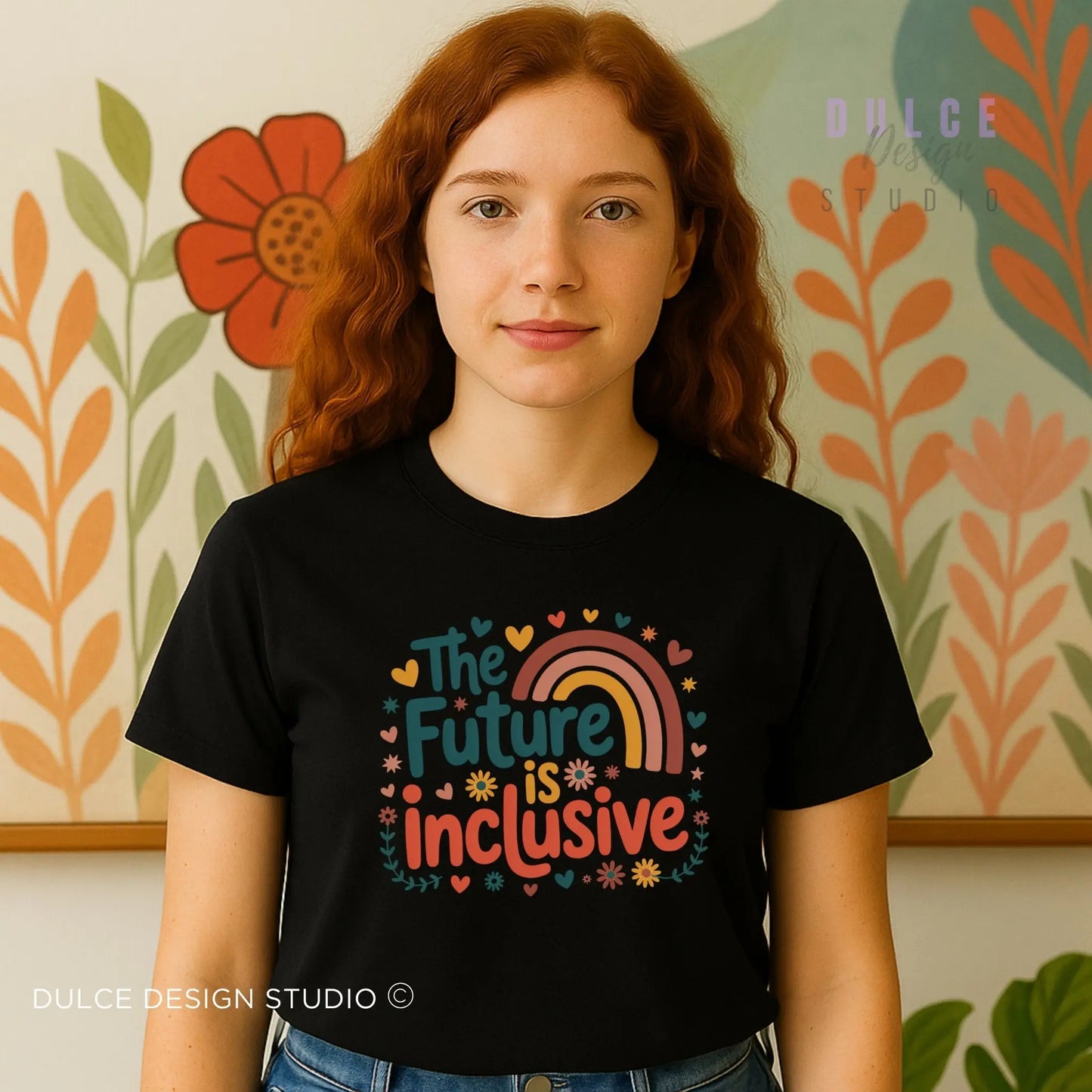 woman wearing black tshirt with cute "the future is inclusive" typography