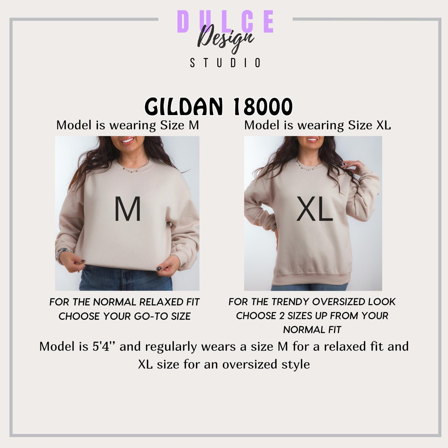 Comparison of Gildan 18000 sweatshirts worn by models in sizes M and XL, with text on sizing guide.
