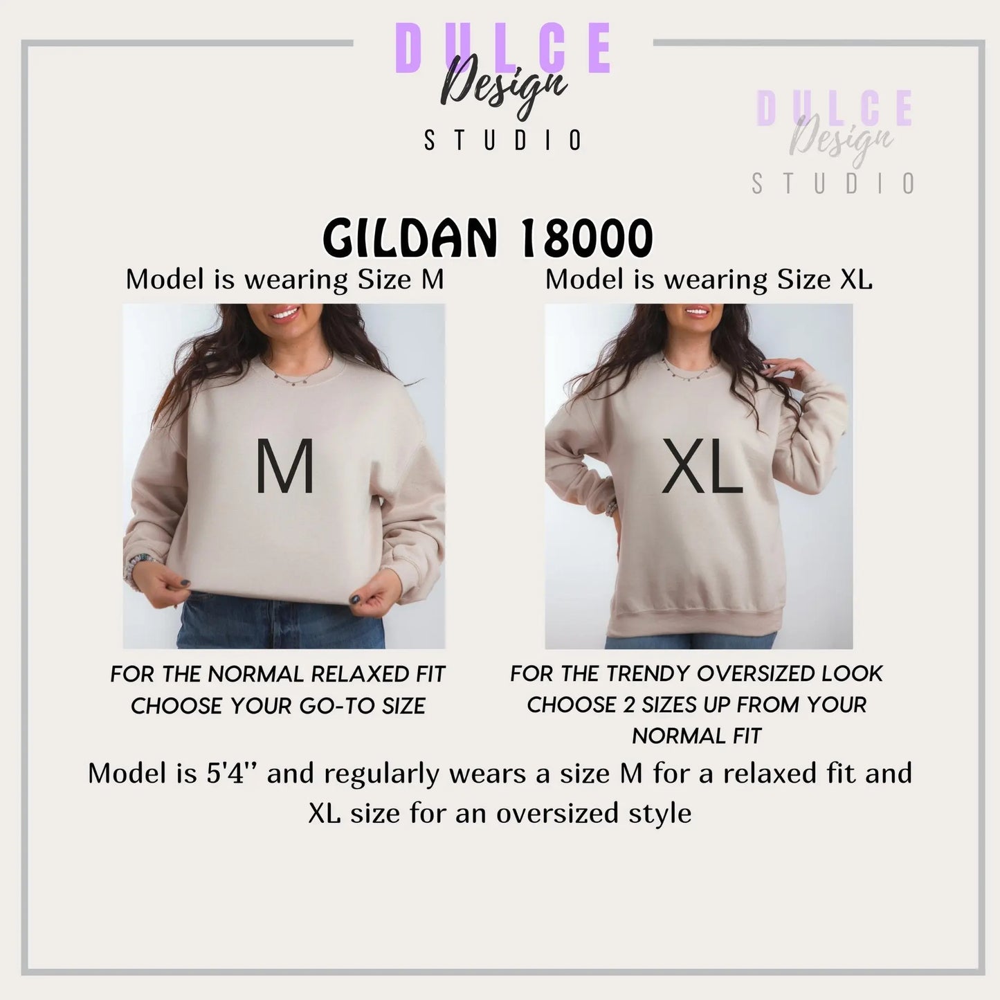 Comparison of Gildan 18000 sweatshirts worn by models in sizes M and XL, with text on sizing guide.